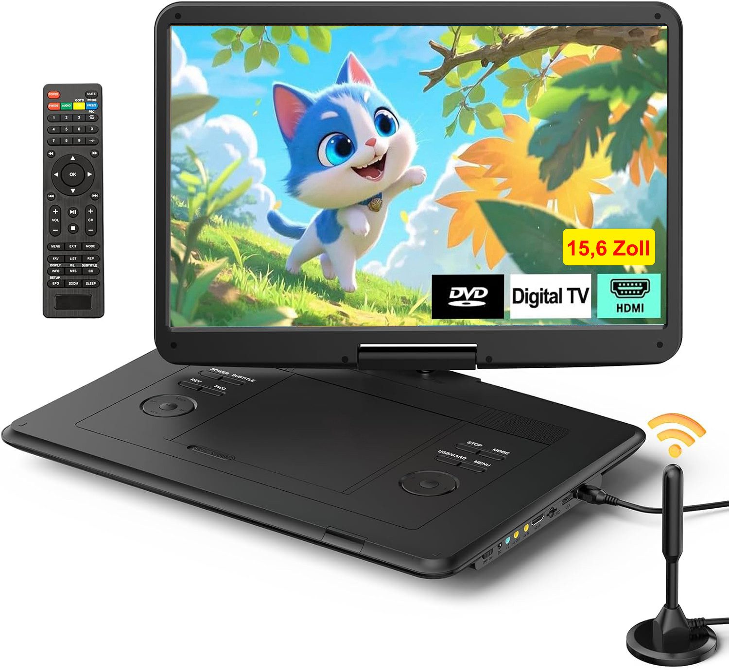 TWUFY 15,6 Zoll Tragbarer DVD-Player für Kinder und Auto Portabler DVD-Player (1366 × 768, Digitalem DVB-T2-Tuner SD-Kartensteckplatz und AV-Ausgang)