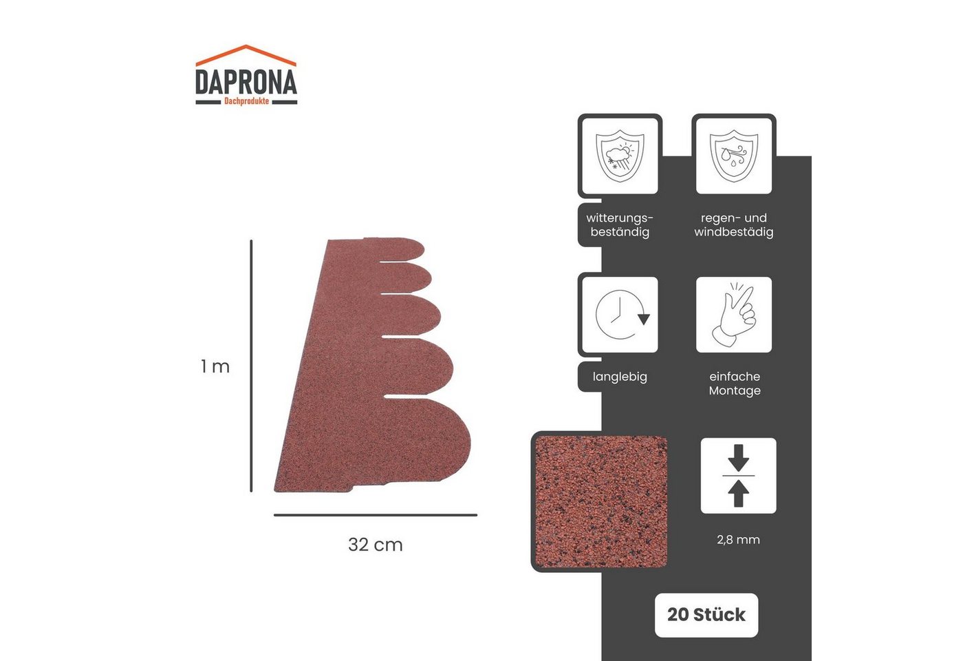 Thumbnail - DAPRONA Dachschindeln Biberschwanz Dachschindeln, Rund 1m x 32cm, Rot, (20-St), Bitumenschindeln für Gartenhaus, Carport