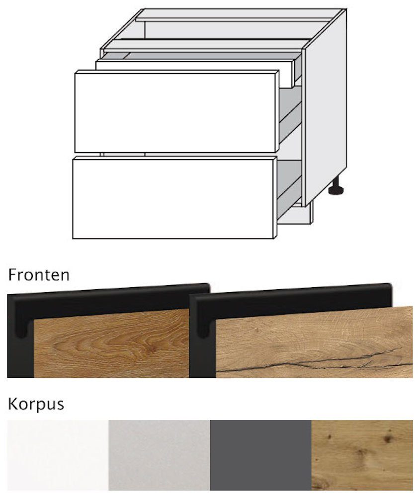 Front- - wählbar Treviso 90cm schwarz & Schubladen Korpusfarbe 3 (Vollauszug) Unterschrank Eiche grifflos Feldmann-Wohnen Halifax