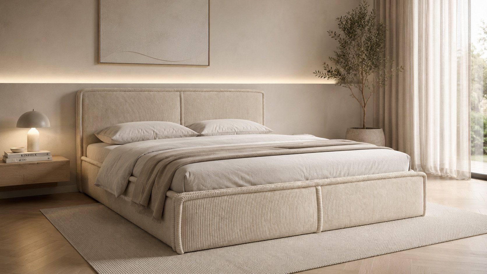MOEBLO Polsterbett BETT 04 (Bezug: aus Cord, Doppelbett mit Kopfstütze, Rahmenbettgestell 140x200, mit Bettkasten und Lattenrost), mit Bettkasten