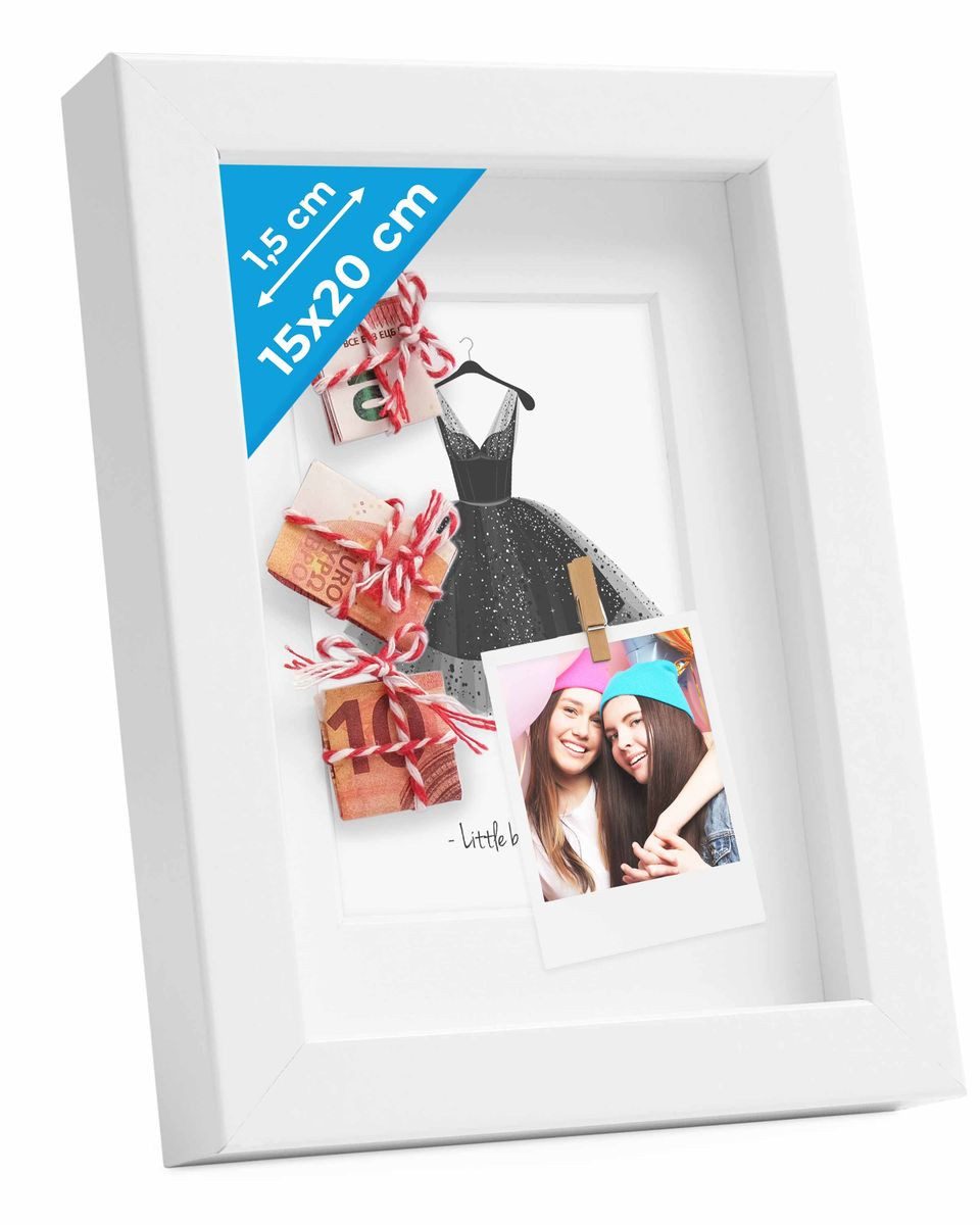 PHOTOLINI Bilderrahmen 3D-Objektrahmen zum Befüllen mit Passepartout und Glasscheibe, für 1 Bilder (1 Einzelrahmen), Rahmen 15x20 cm für Objekte bis 1,5 cm Tiefe zum Basteln & Verschenken
