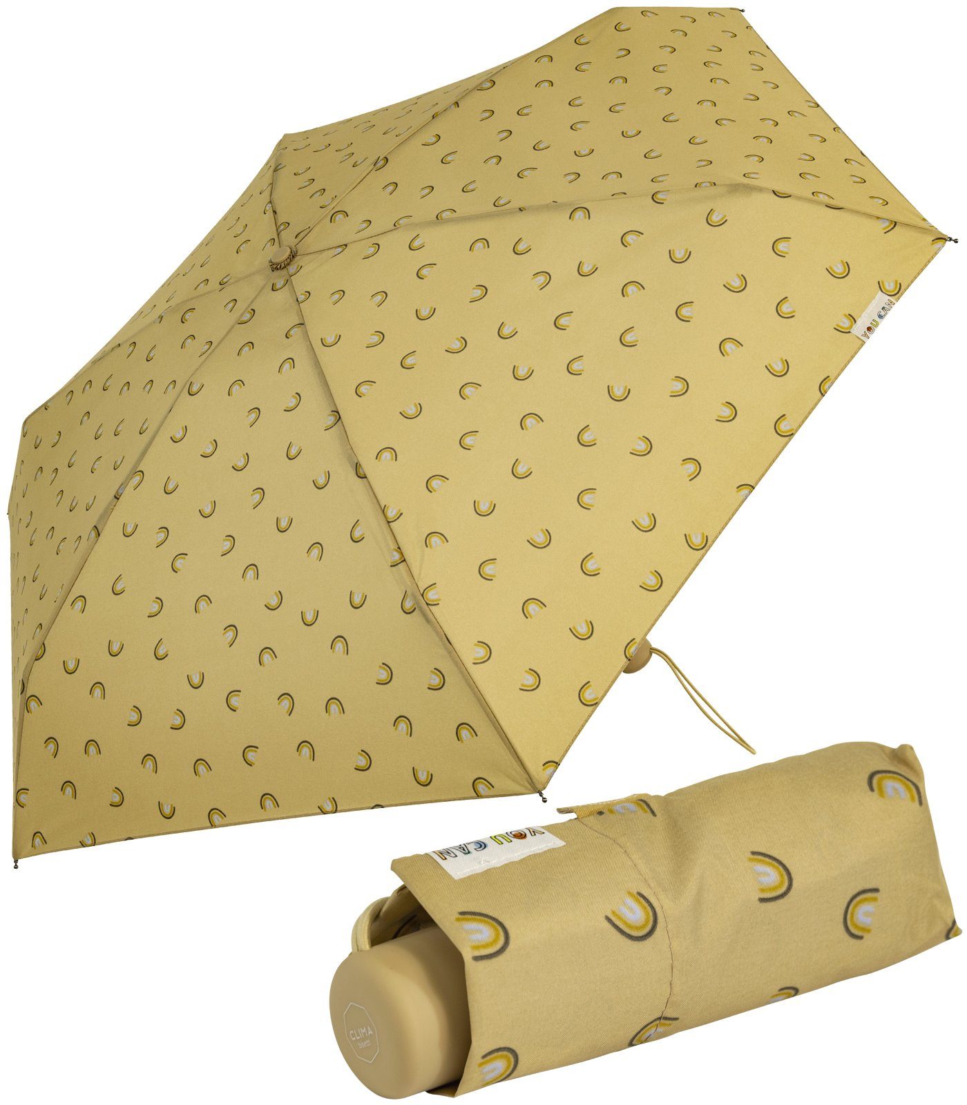 bisetti Taschenregenschirm Damen-Regenschirm, klein, stabil, kompakt, mit Handöffner, gedeckte Farben mit Bögen-Motiv - hellbraun
