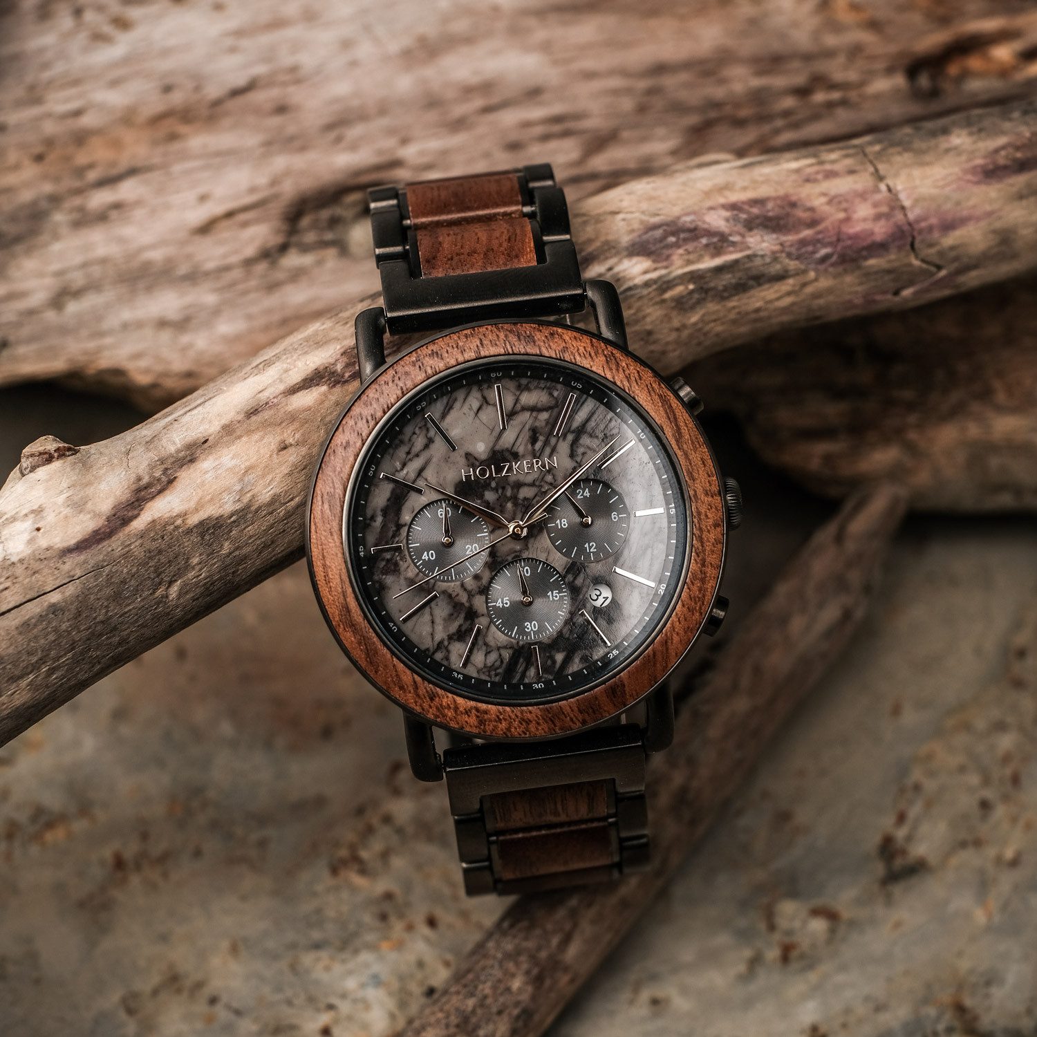 Holzkern Quarzuhr Quarz Chronograph Askja Walnuss/Marmor günstig online kaufen