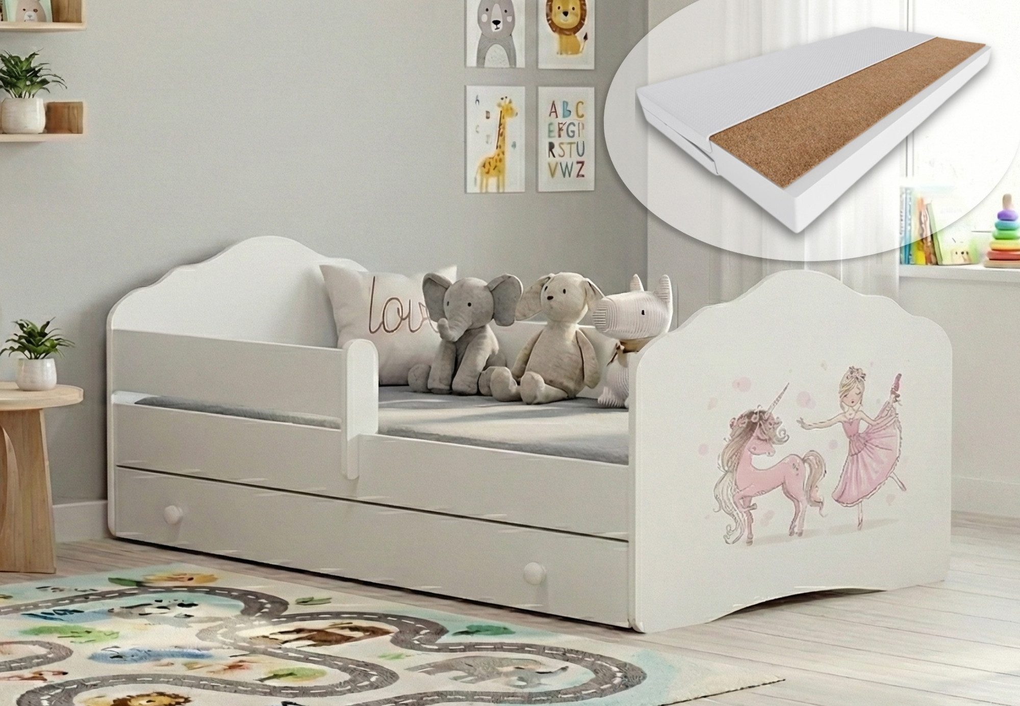 Kids Collective Kinderbett für Mädchen mit Matratze und Schublade & Lattenrost (70x140, 80x160 cm Jugendbett Einzelbett Komplettbett in weiß mit Pferd Motiv), Bett für Kinder Bett komplett Set Rausfallschutz Kinderbett 80x160 cm