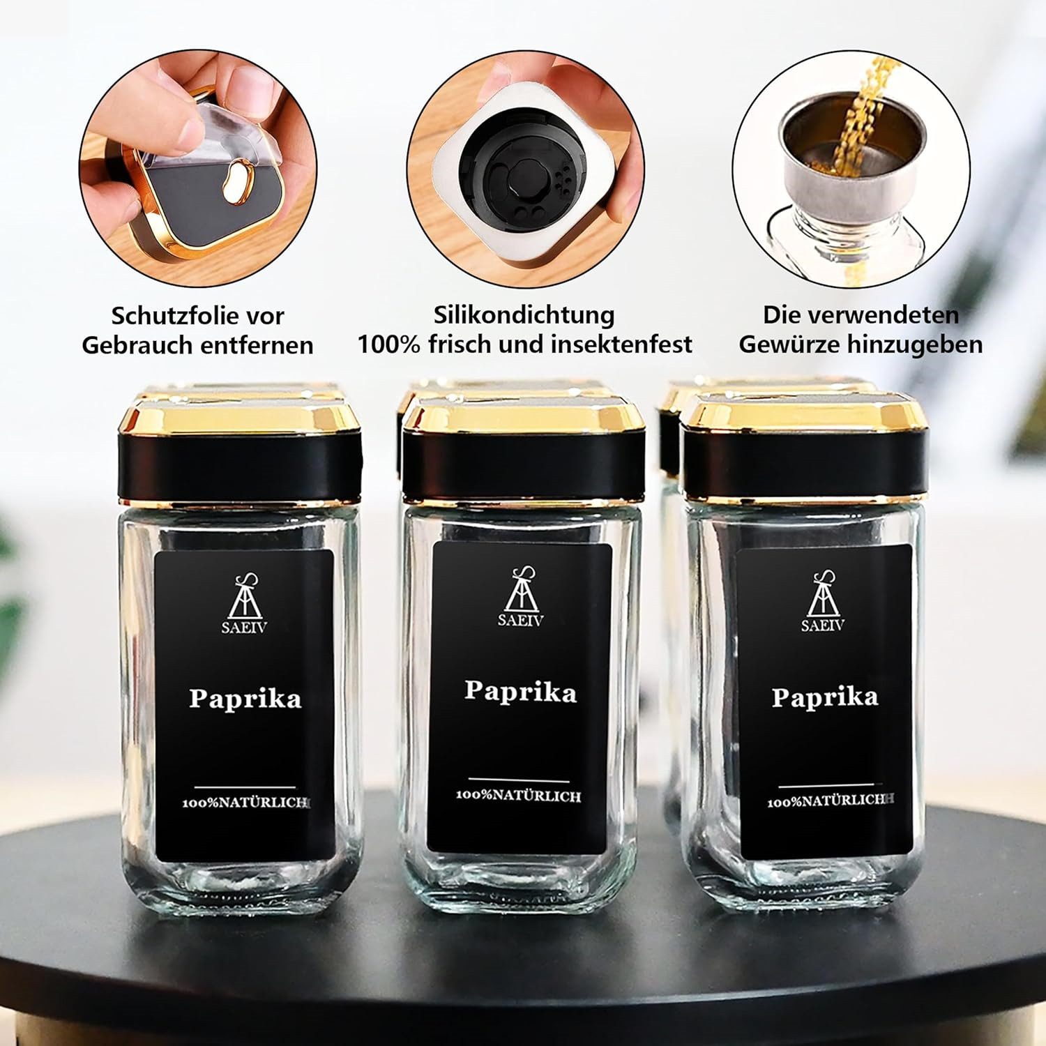 KingLux Gewürzbehälter 360° Rotation 120ml Gewürzgläser Eckig Set, Drei Kaliber, borosilikatglas, (Set, 12-tlg)