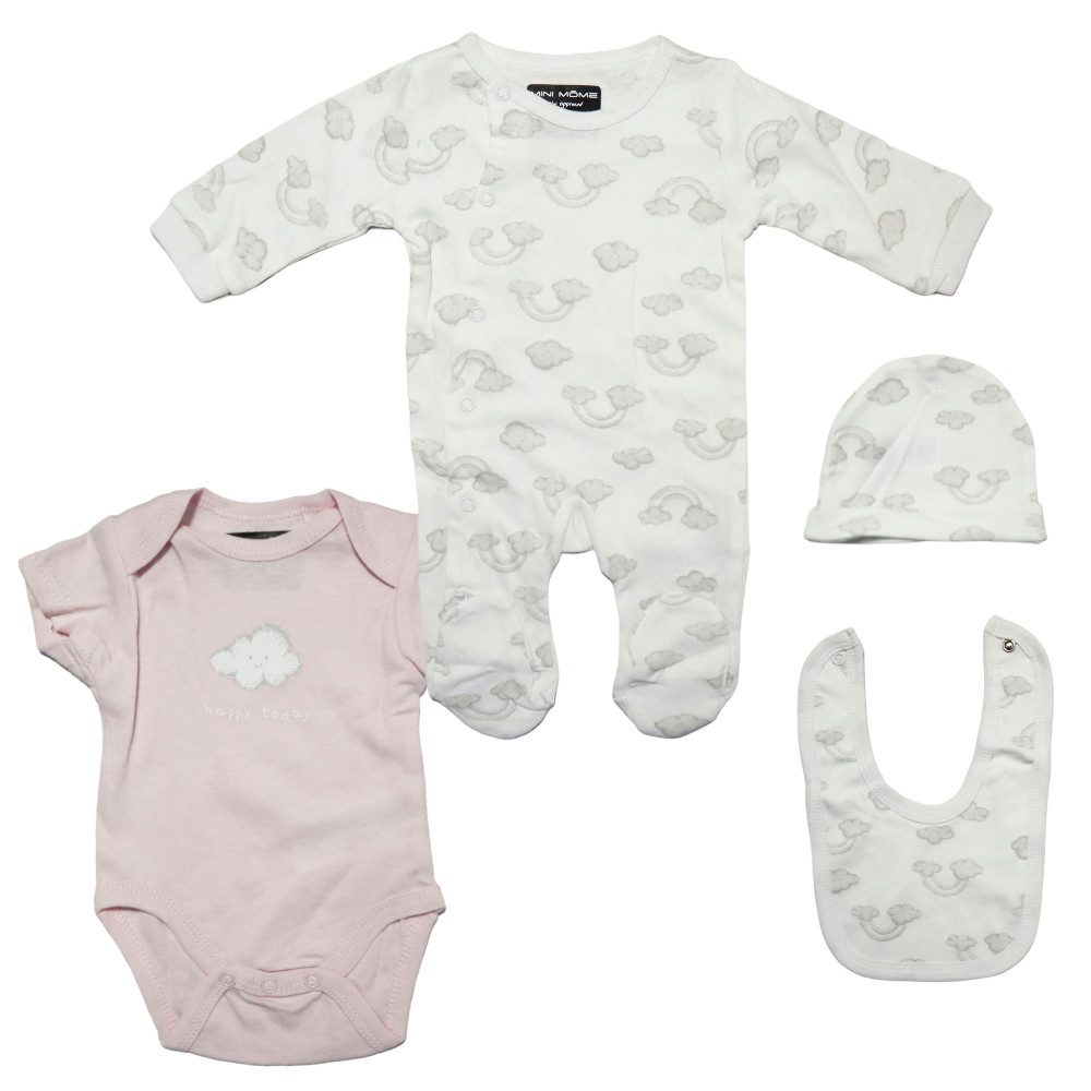 Strampler Wölkchen Baby 4 tlg Set Body Strampler Lätzchen Mütze