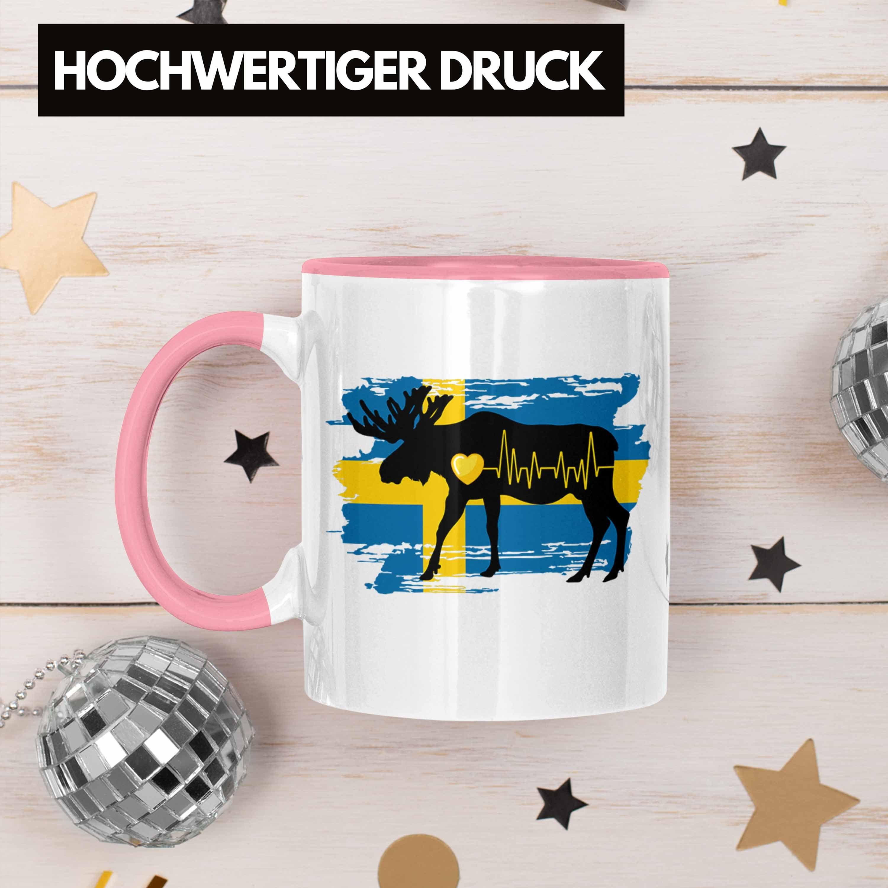 Tasse Tasse - Herzschlag für Elch Schweden Rosa Geschenk Trendation Schweden-Fans Trendation