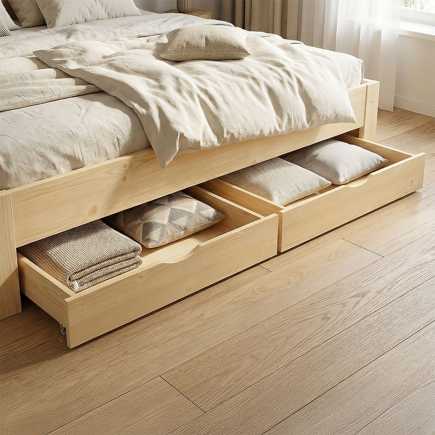 Homestyle4u Bettschubkasten Unterbettkommode 2er Set mit Rollen Bettschublade Bettauszug Natur, Aufbewahrung, für 90x200, 120x200, 140x200, rollbar