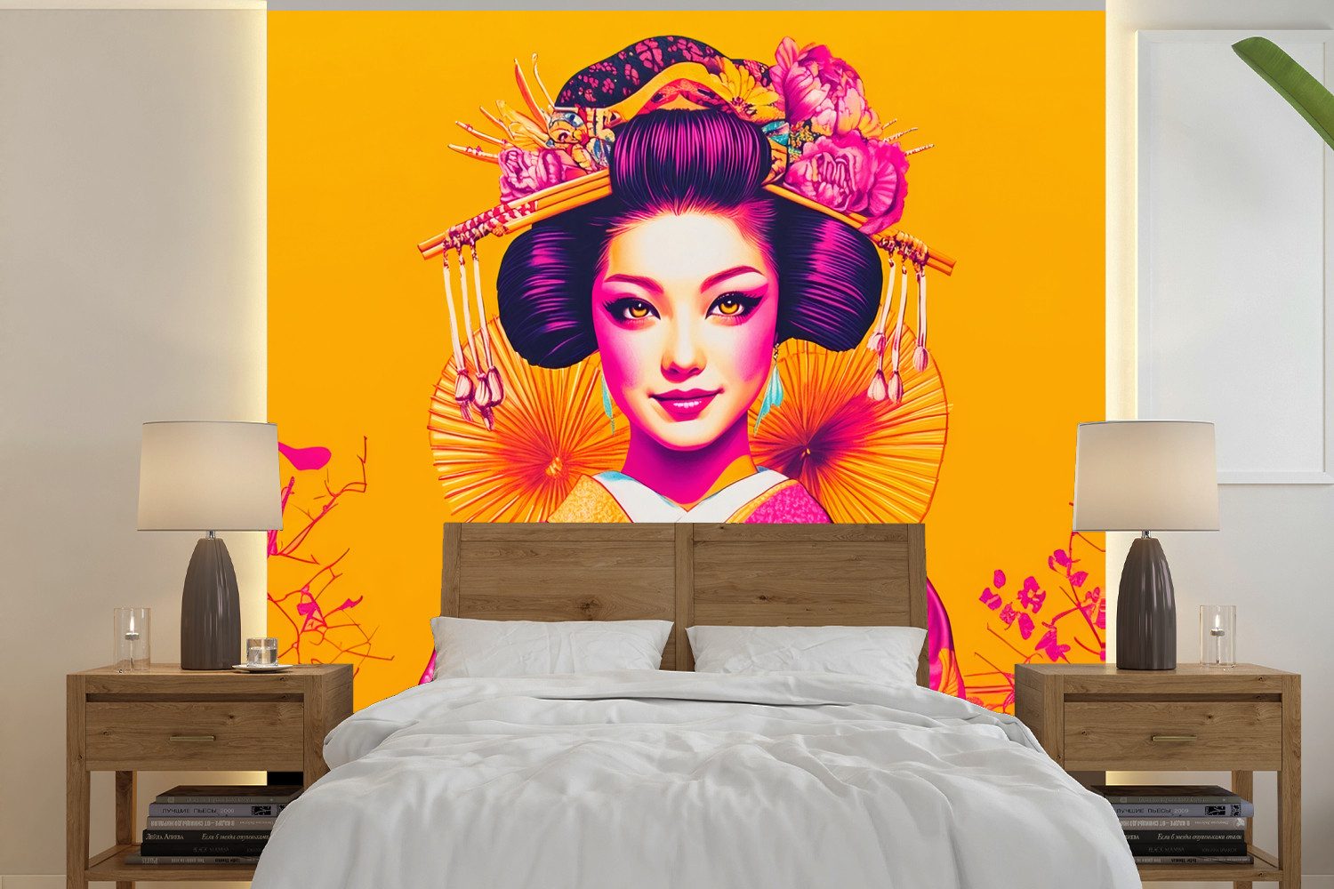 MuchoWow Fototapete Blumen - Frau - Kimono - Rosa, Matt, bedruckt, Vliestapete für Wohnzimmer Schlafzimmer Küche, Fototapete, 220x220 cm