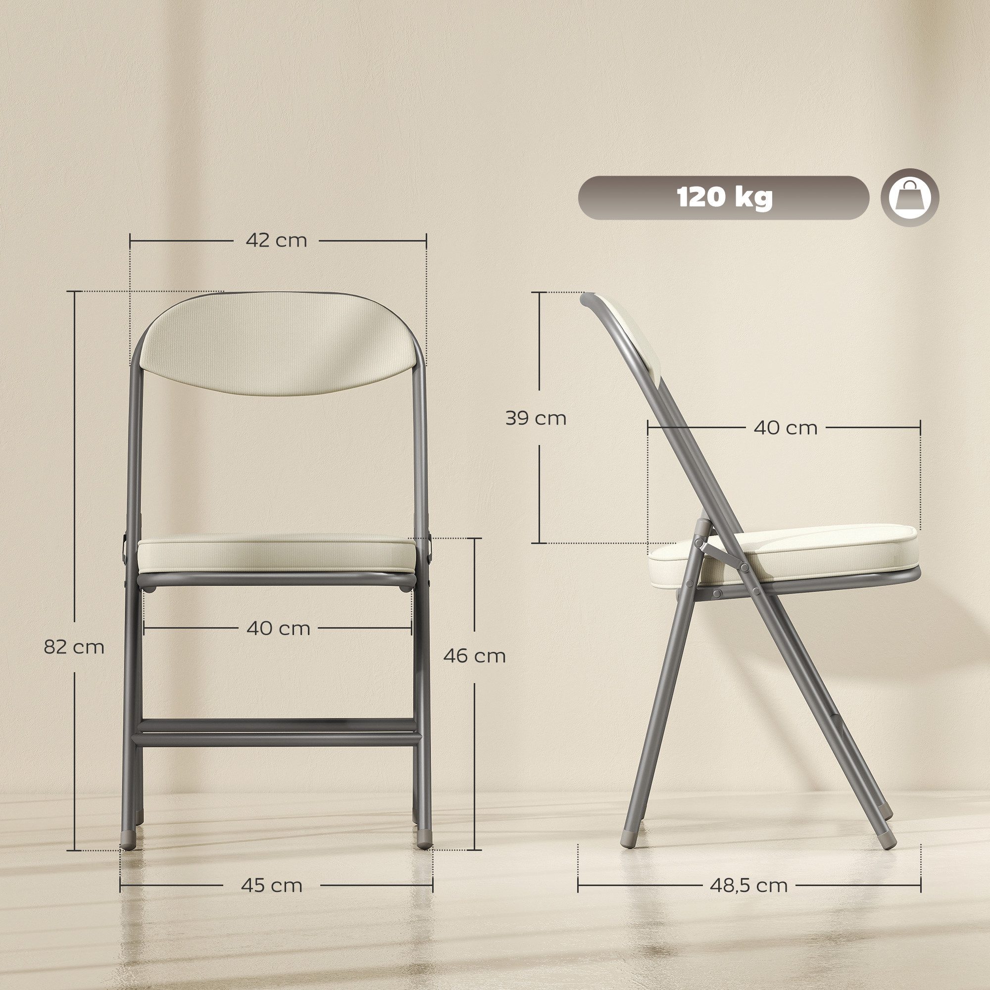 HOMCOM Klappstuhl Klappbar Bürostuhl mit Stahlrahmen, Küchenstuhl mit Polster (4er Set Campingstuhl, 4 St), bis 120 kg belastbar für Gäste, Büro, Camping, Creme – Bild 3 von 5