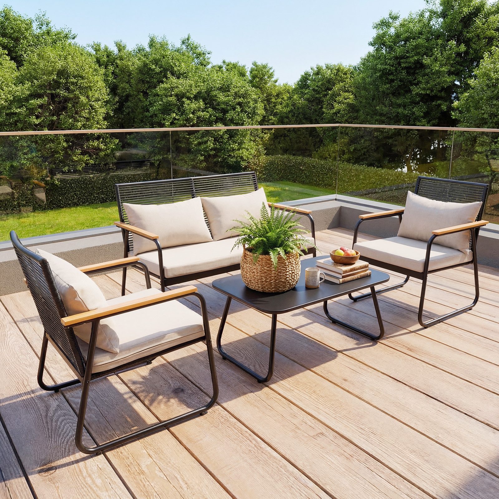 HOMAVO Gartenlounge-Set mit Couchtisch, 4-Sitzer aus Polyrattan, wasser- & UV-beständig, hohe Belastbarkeit, für Balkon, Terrasse & Garten