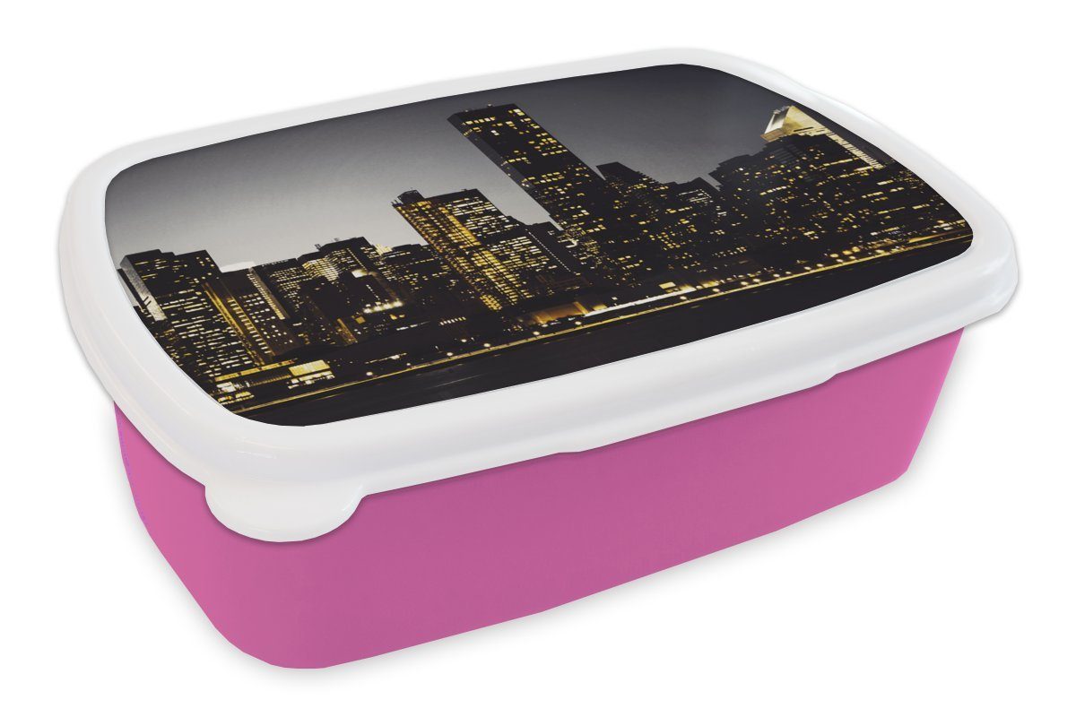 Mädchen, Beleuchtung Kunststoff - Brotdose für - Brotbox New MuchoWow York Lampe, rosa Lunchbox Snackbox, Kinder, (2-tlg), Kunststoff, Erwachsene,