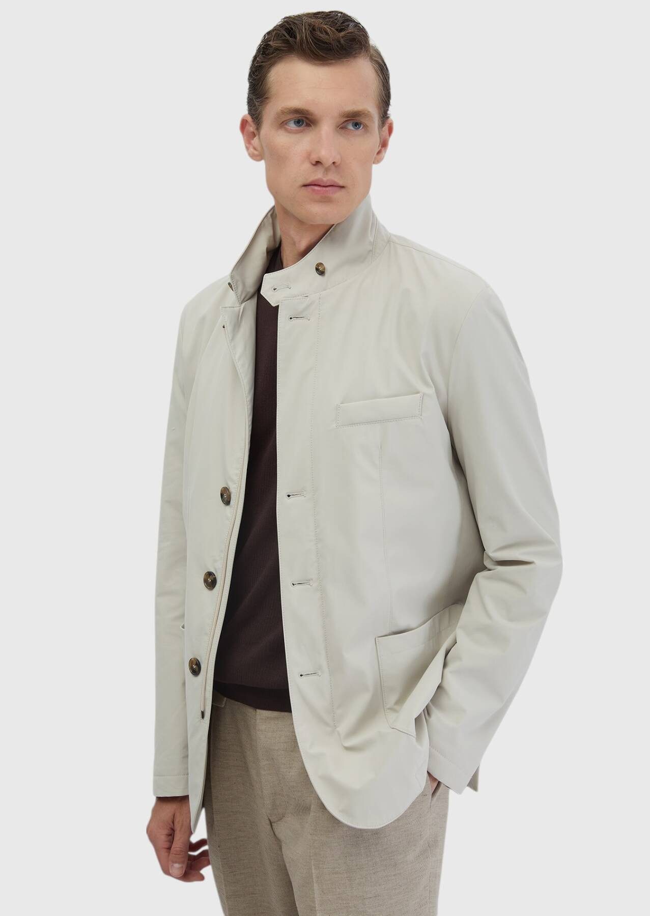 RAMSEY Langmantel Blazer mit sandfarbenem Besatz