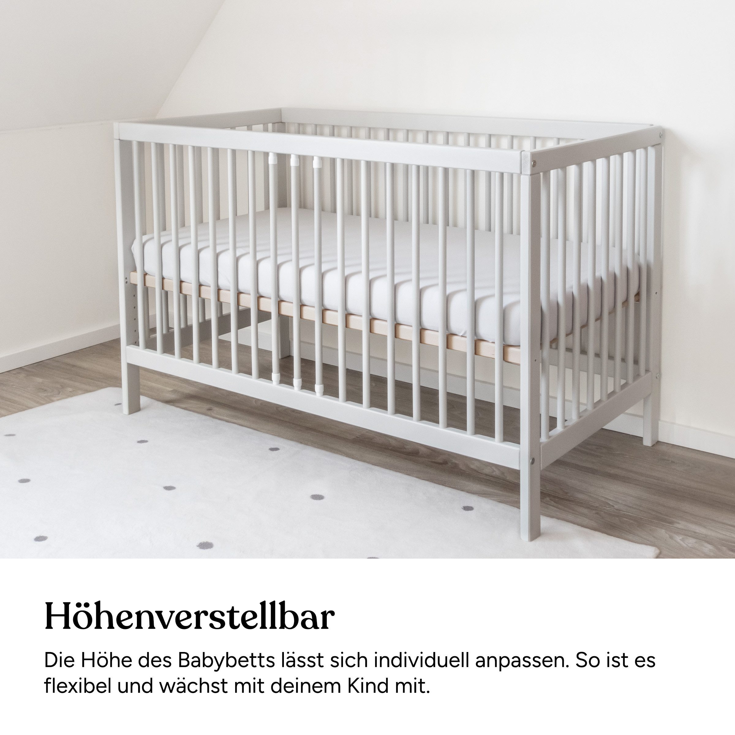 Ehrenkind Babybett PUR aus massivem Buchenholz, flexibel höhenverstellbar, Gitterbett, Kinderbett 9-Fach höhenverstellbar mit entnehmbaren Stangen Baby Bett – Bild 4 von 5