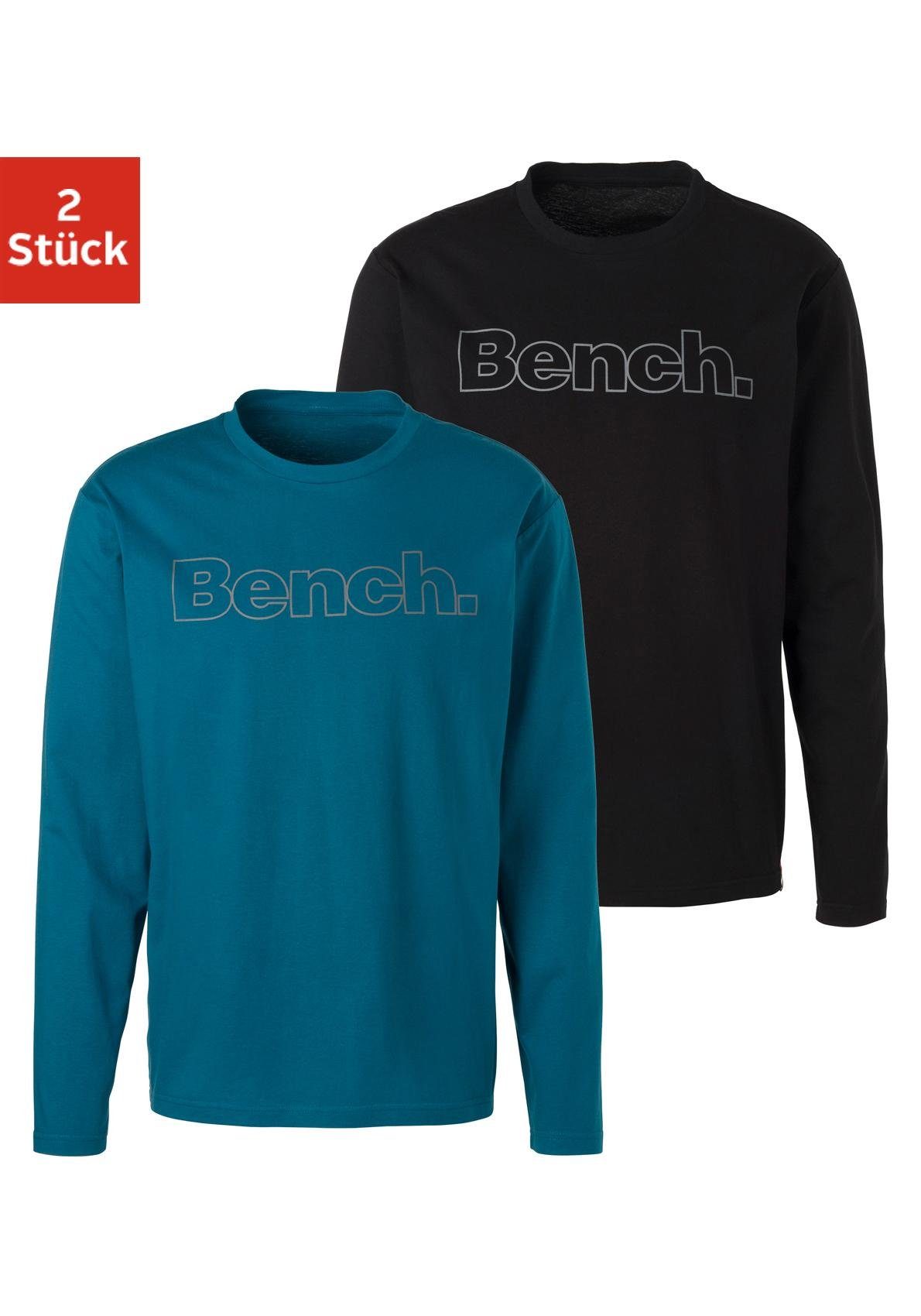 Bench. Loungewear Langarmshirt Print schwarz Bench. petrol, (2-tlg) mit vorn