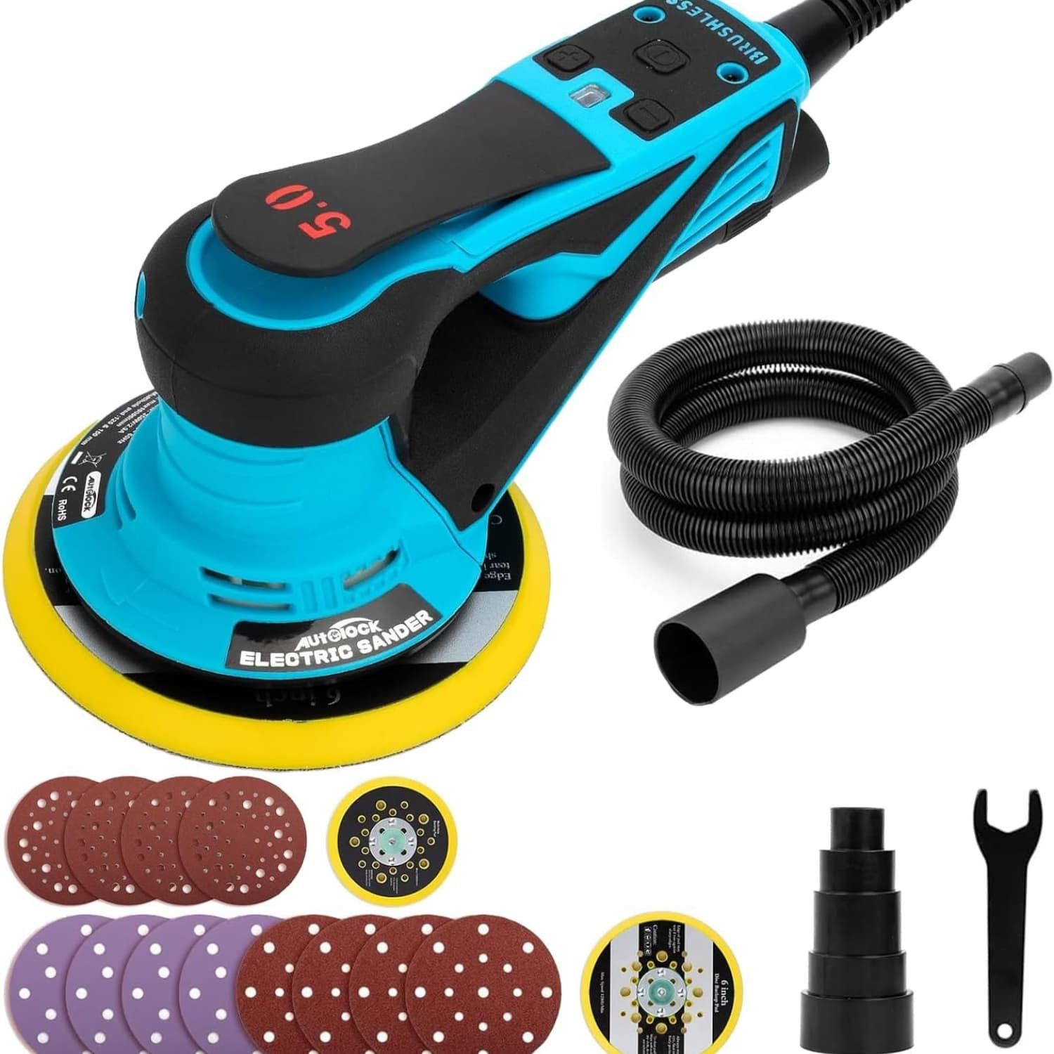 autolock Exzenterschleifer Bürstenloser Exzenterschleifer mit 125mm/150mm Schleifteller,350W, 6 Stufiger Drehzahlregelung bis 10.000 U/min Für Holzbearbeitung