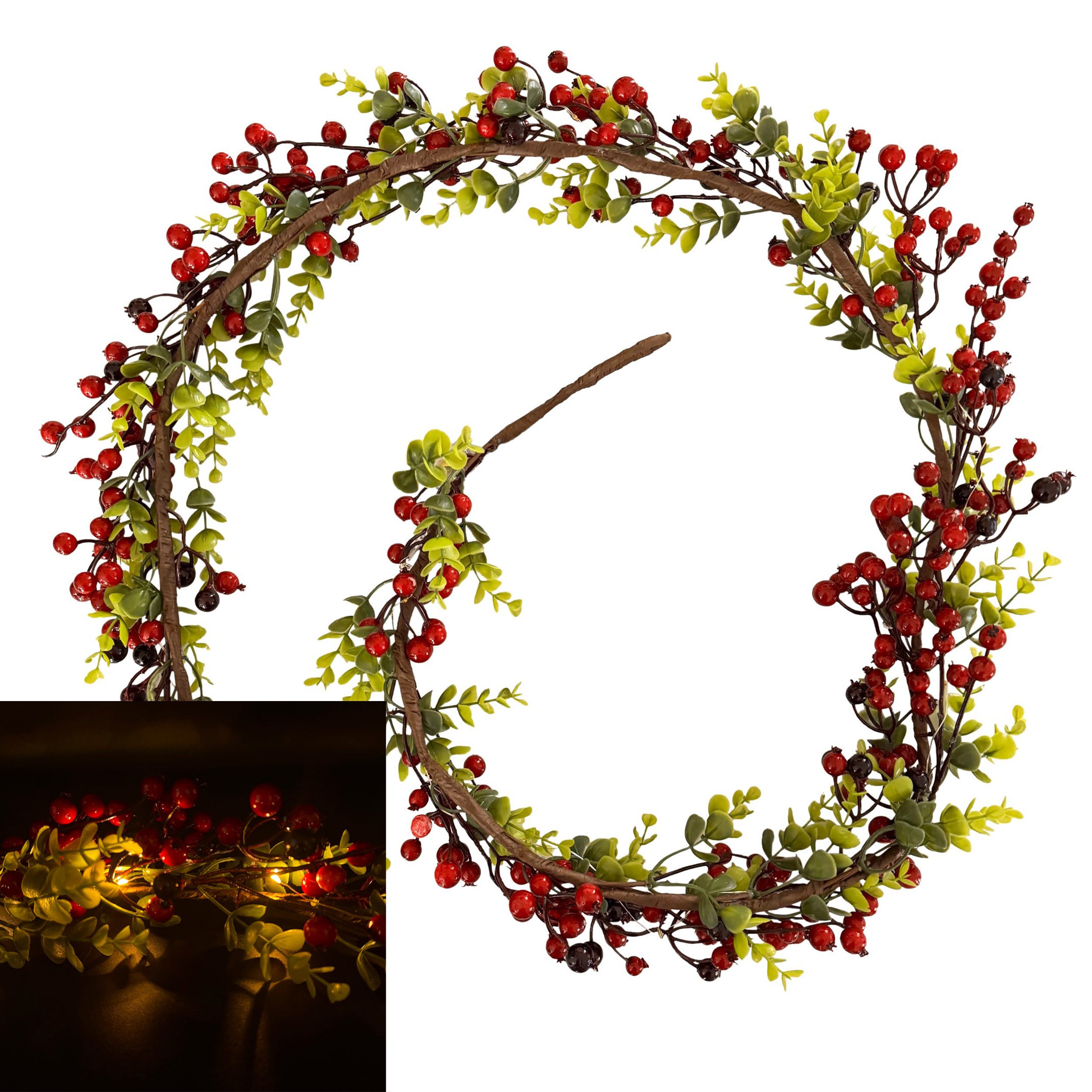 Kunstgirlande aus Winterbeere mit LED-Lichterkette und 6-Stunden Timer - Herbstdeko mit grünem Blattwerk, Online-Fuchs, normale Beleuchtung oder Flackereffekt wählbar