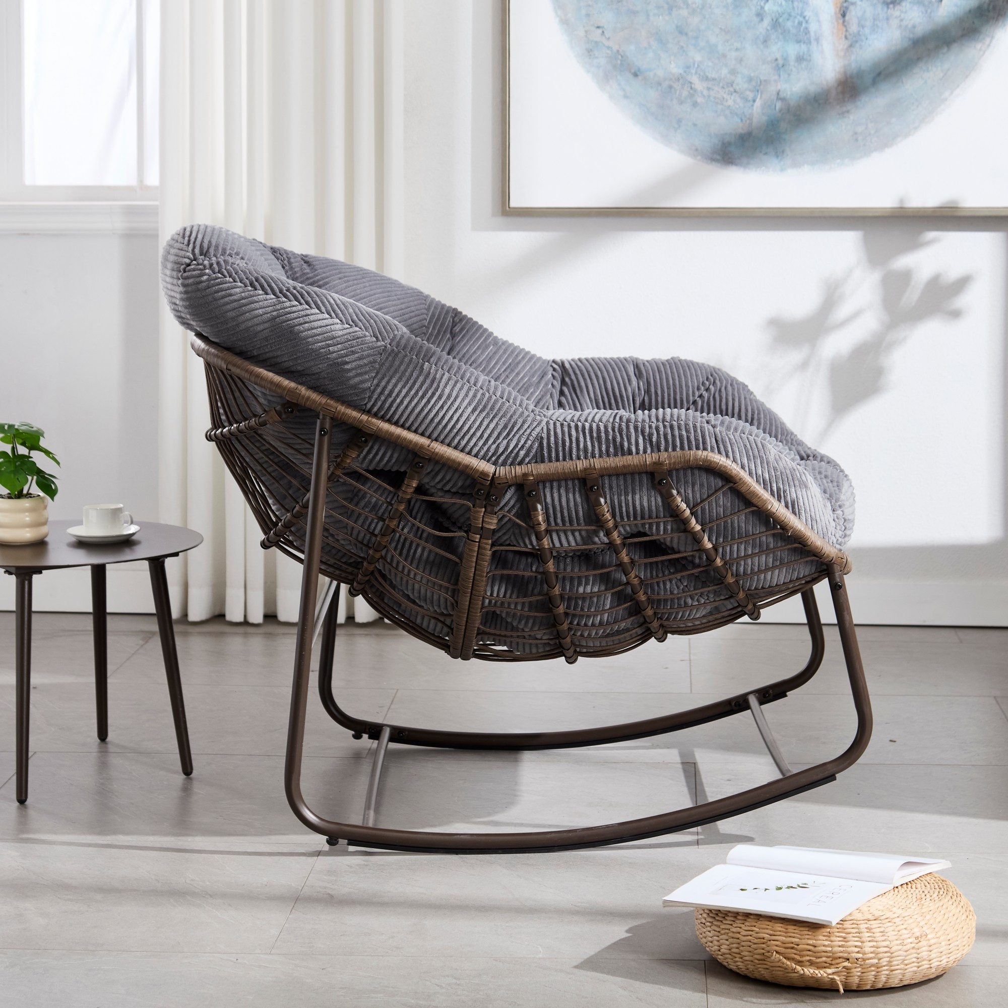 LVHOM Schaukelstuhl dick/gepolsterte Kissen, Rattanstuhl mit Stahlrahmen, Lounge Sessel (Großformat B110.5xT94.5xH80cm,160kg Tragfähigkeit,Dicke Kissen, MEHRE F – Bild 5 von 5