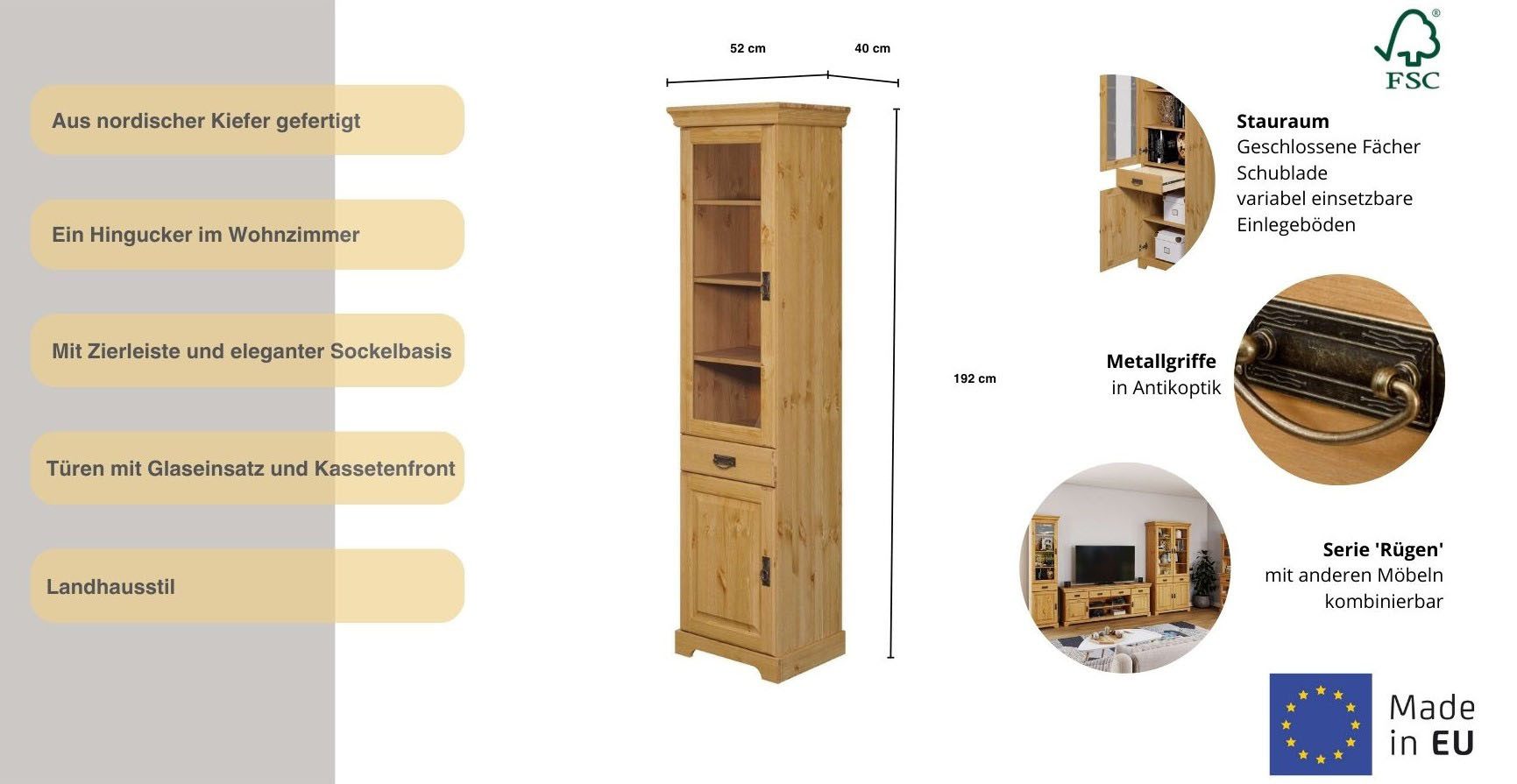 OTTO home Vitrine Rügen zertifiziertes Massivholz, Höhe 192 cm, im Landhausstil