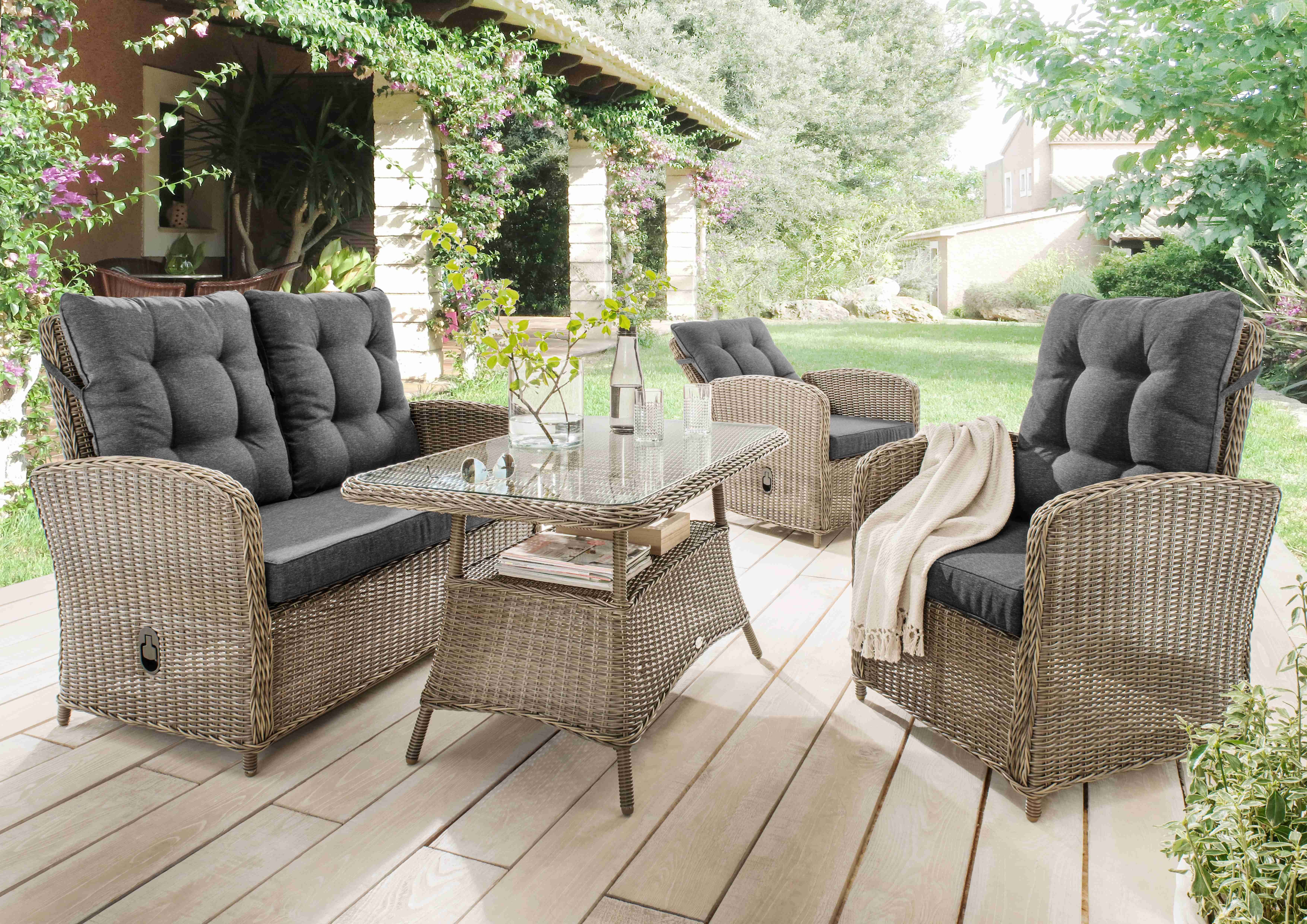 inkl. 120x77x66cm, MERANO, stufenlos Sessel, mittels 2er Gartenlounge-Set Auflagen, 1 Destiny 2 Gasdruckfeder Tisch Rückenlehnen Polyrattan, verstellbar (11-tlg), Sofa,