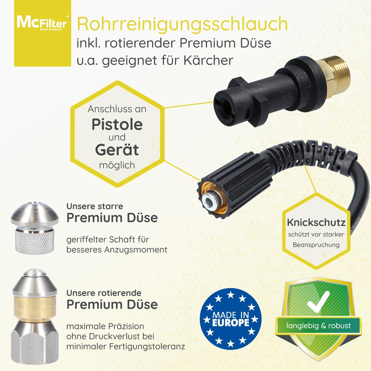 McFilter Hochdruckschlauch Rohrreinigungsschlauch, 30m, 160 bar, kompatibel mit Kärcher, K2, K3, K4, K5, K6, Hochdruckreiniger, inkl. Adapter, Düsen starr + rotierend, (0 St)