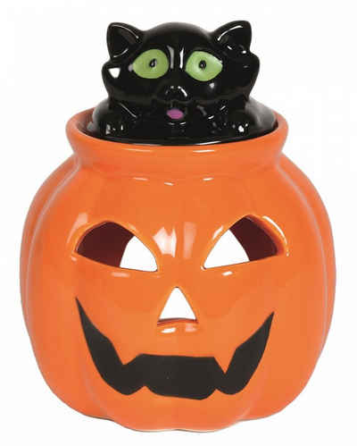 Horror-Shop Kerzenständer Halloween Kürbis mit Katze Teelicht Lampe für Duft