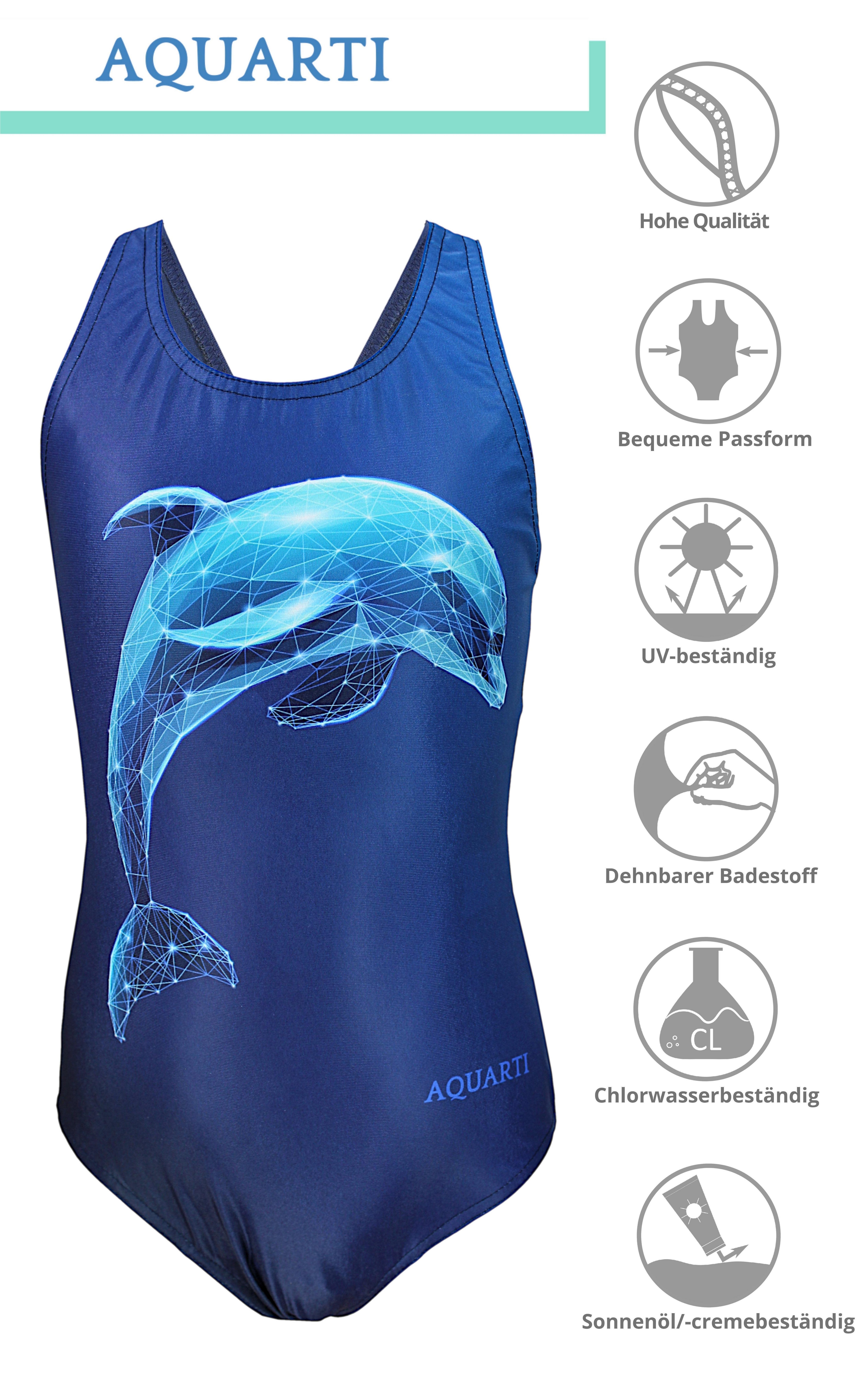 Aquarti Badeanzug Mädchen Badeanzug Chlorresistent Dunkelblau Blau Delfin Muscleback digital Schwimmanzug Wettkampf 