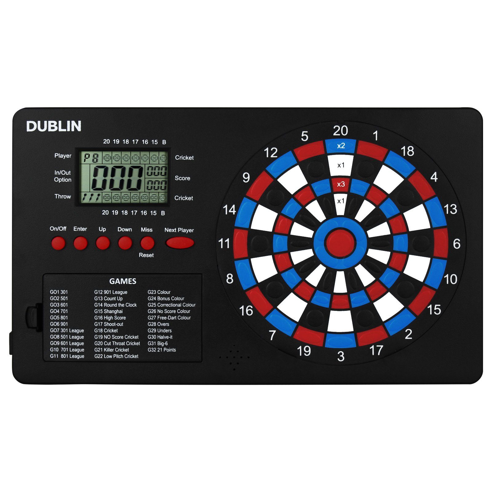 XQMAX Dartscheibe Elektronischer Zähler Dart Dublin, (für 32 Spiele und 590 Variationen, variable Schwierigkeitseinstellungen), Scoreboard Dartboard Touchpad Punktestand Steeldart