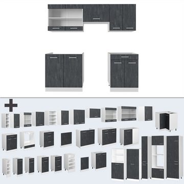 Livinity® Küchenzeile R-Line, Schwarz Beton/Weiß, 200 cm AP Anthrazit