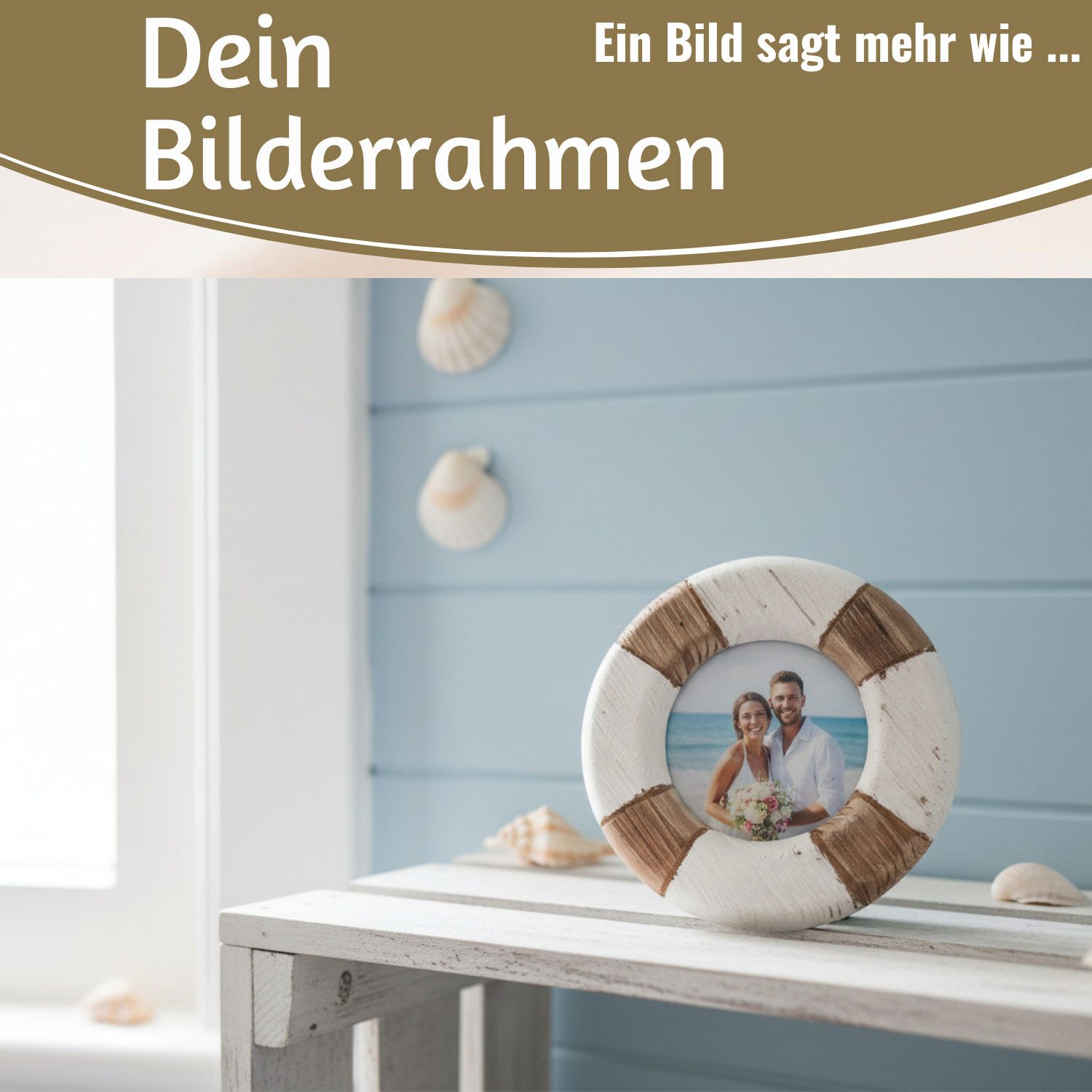 LS-LebenStil Bilderrahmen Maritim Holz 15cm Rund Fotorahmen Steuerrad Vintage Braun Aufsteller, für 1 Bilder (1 St), Fotorahmen Aufsteller, Portrait Rund 9x9cm, Ideal für Hochzeitsfotos Babybilder Kinderfotos Tauffotos Portraits