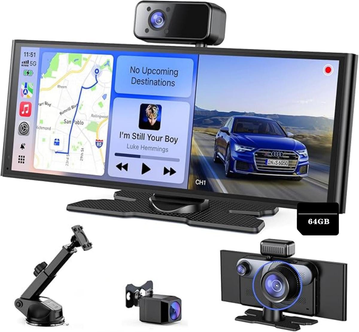 COOAU 10,26" 60FPS Wireless CarPlay Display mit 3 Channel Dash Cam Dashcam (1600*600 HD, WLAN (Wi-Fi), 4K+1080P+1080P, IPS Bildschirm,für Apple CarPlay, Android Auto, OTA, Link/Sprachsteuerung/Bluetooth/Aux/FM/WiFi, 64GB TF Karte)
