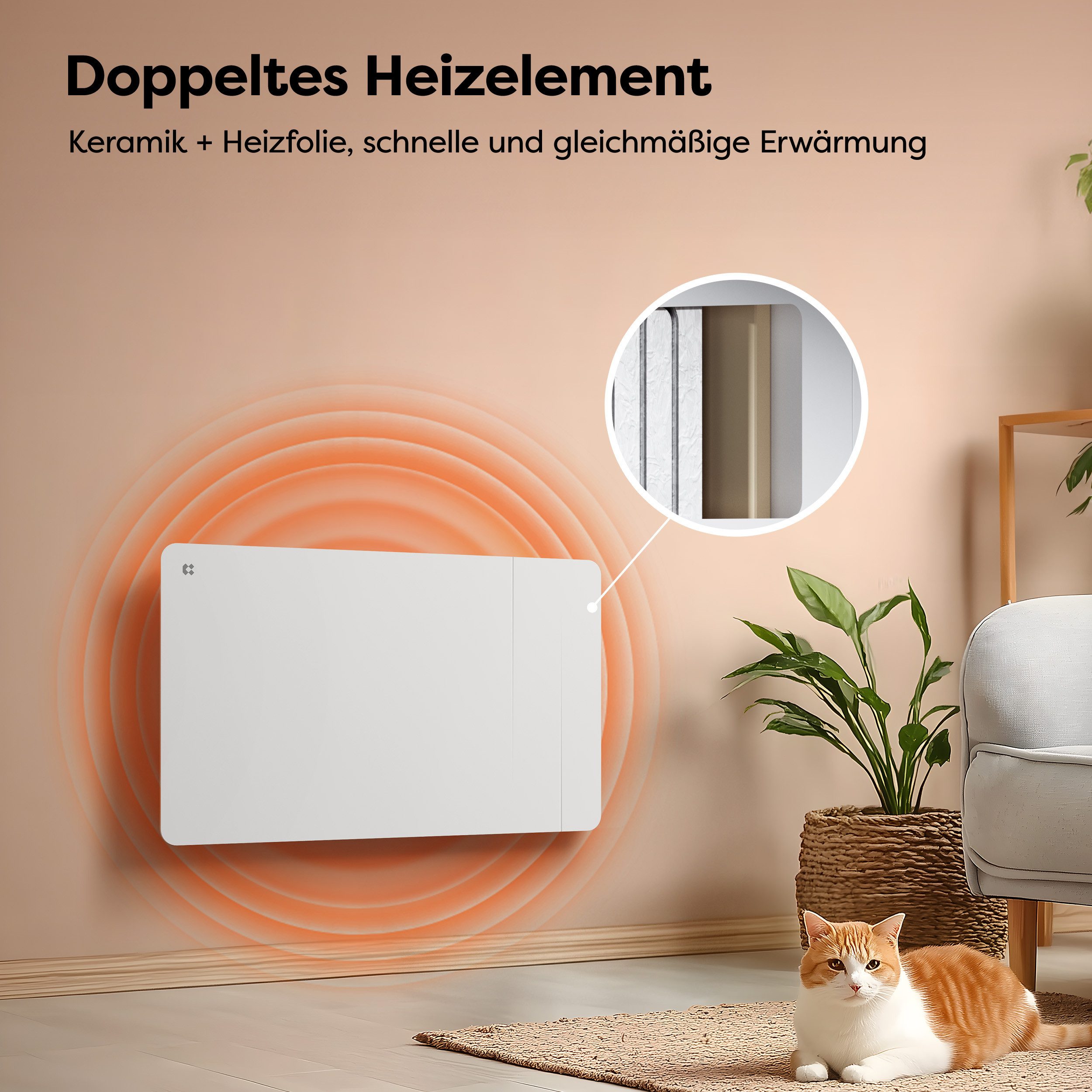 CIARRA Elektro-Heizkörper 1000–2000 W Keramik-Heizkörper+ Aluminium-Heizfolie mit WLAN, PID-Thermostat, App-Steuerung, 7-Tage-Programm, IP24, ca. 15 - 25 m² – Bild 4 von 5