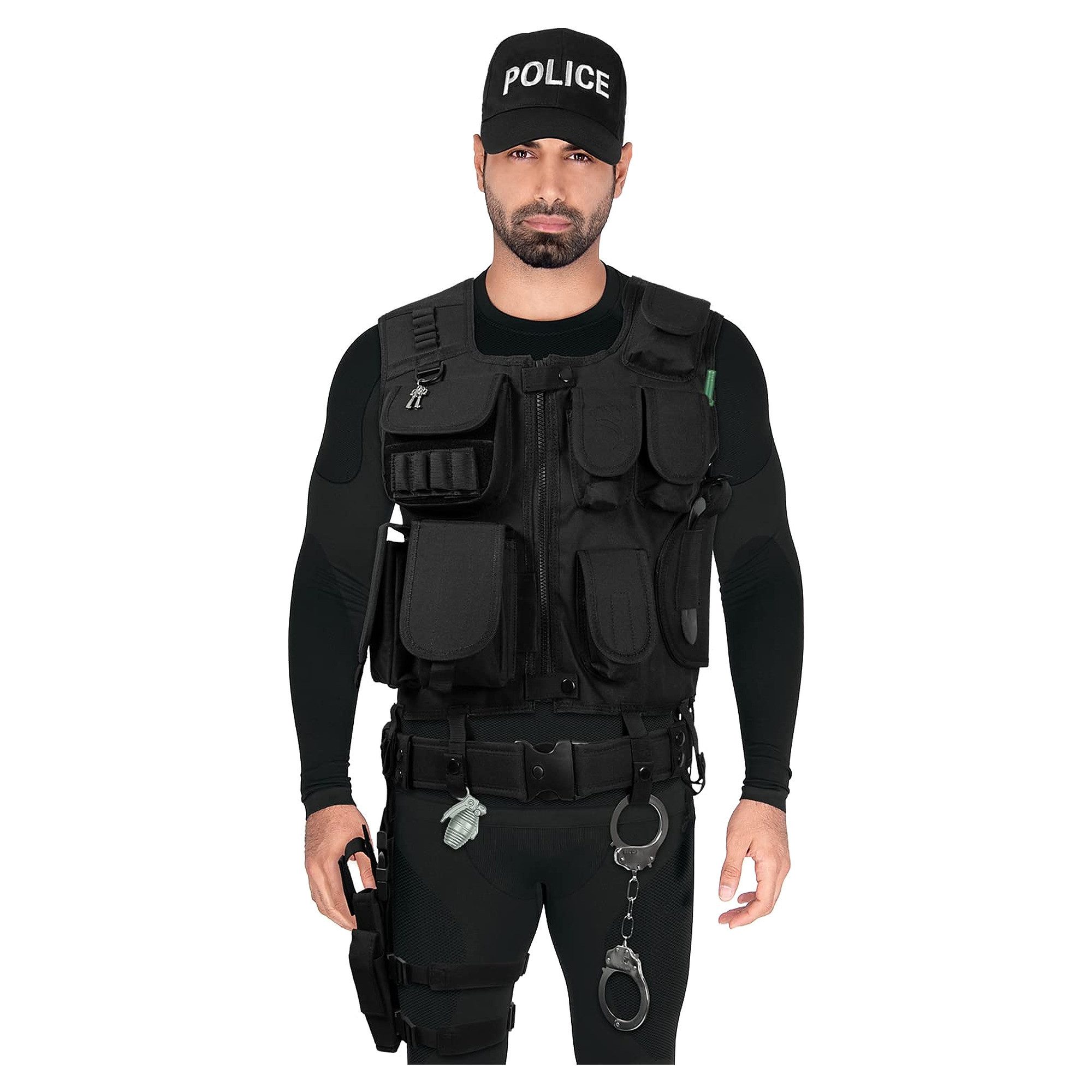 Black Snake Polizei-Kostüm 5-tlg. Set mit Weste Koppelgürtel Beinholster Handschellen und Cap, Halloweenkostüm SWAT FBI POLICE oder SECURITY für Damen und Herren