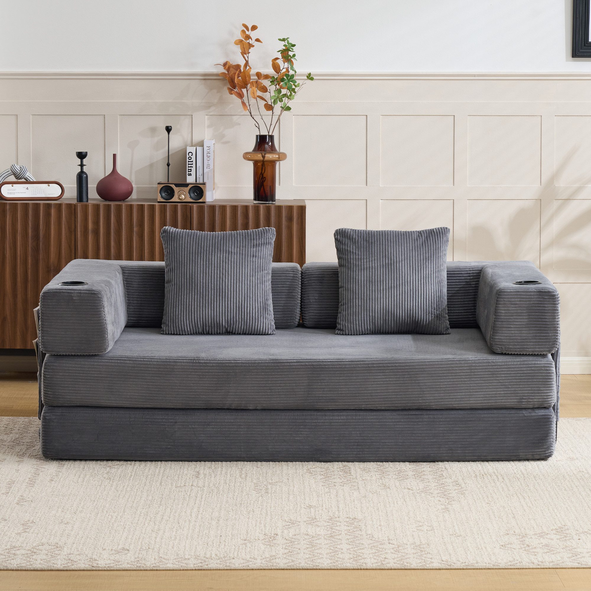 Vankel Loungebett Sofas Wohnzimmer, Sofa mit Schlaffunktion aus Cord mit Cupholder, Faltbares Schlafsofa mit Seitentaschen, Cupholdern und ohne Montage