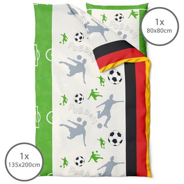 Kinderbettwäsche Fußball Bettwäsche 135x200 + 80x80 cm Grün - Deutschland, LINKHOFF, für Kinder - Biber Bettwäsche-Set - 100% Baumwolle Bügelfrei