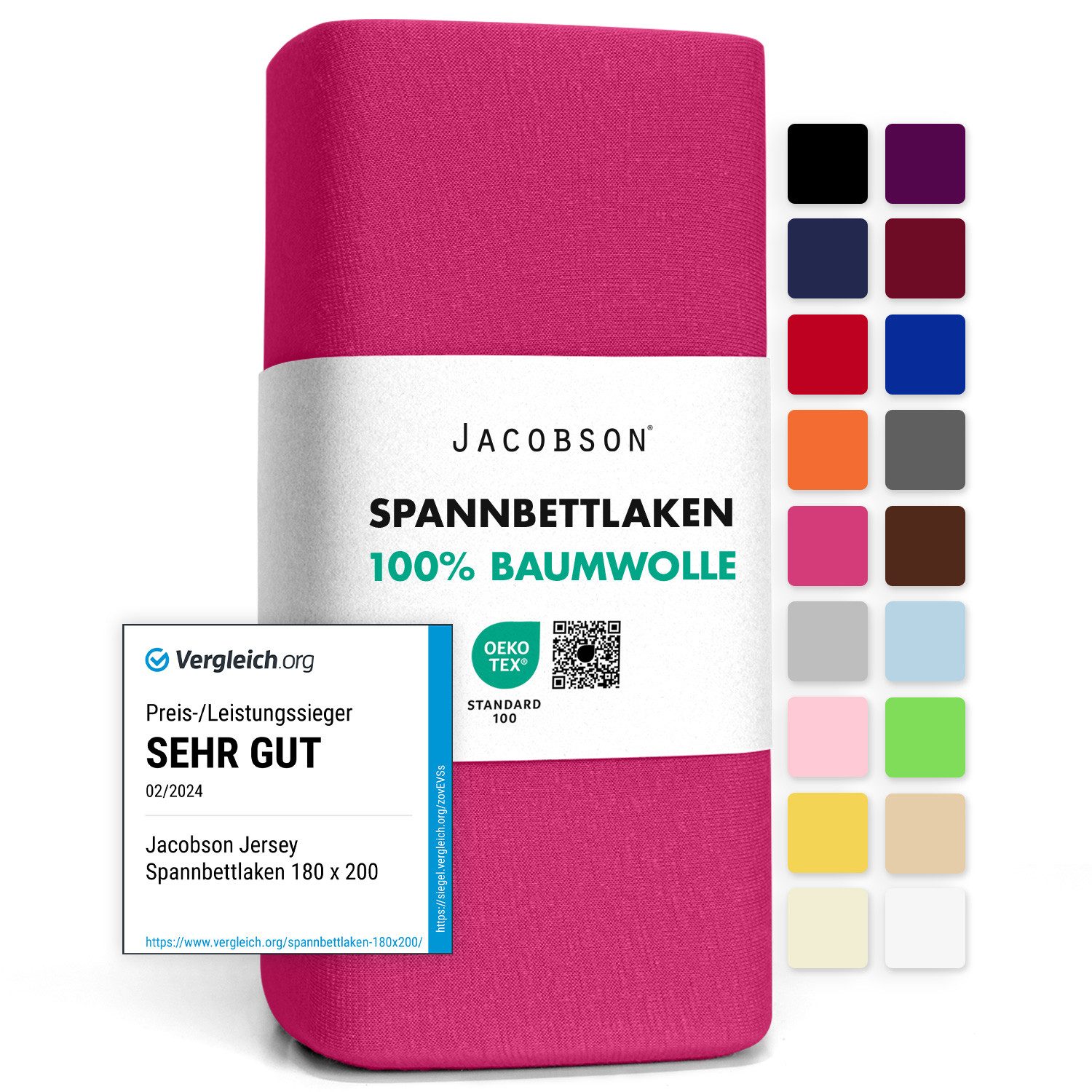 Jacobson Spannbettlaken aus 100% Baumwolle, Jersey Bettlaken 160 g/m², Spannbetttuch mit Gummizug, pflegeleicht & viele Farben