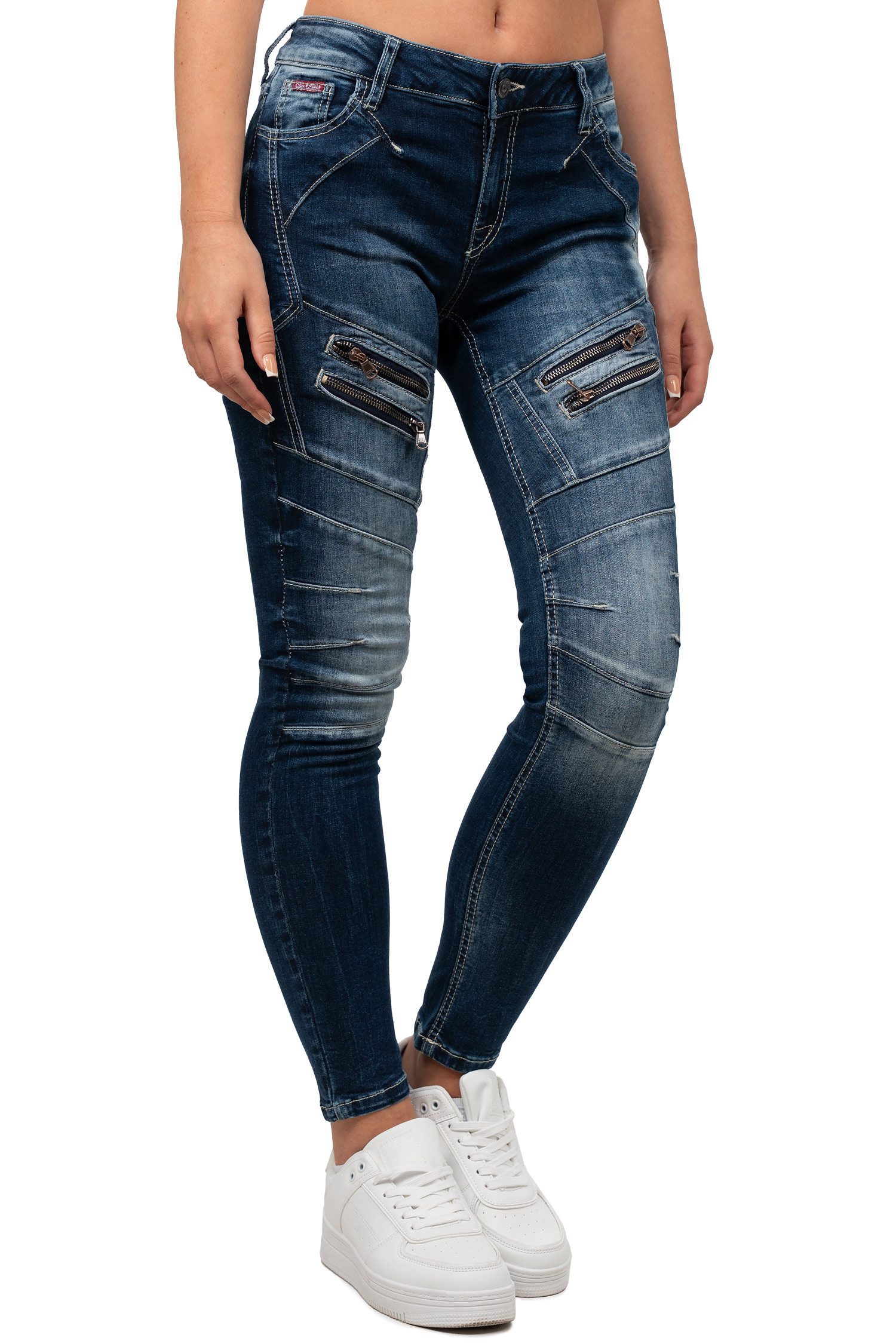 Cipo & Baxx Slim-fit-Jeans Damen Slim Fit Jeans Ohne Waschung BA-WD501 Camouflage Muster mit Aufgesetzten Reißverschlüssen