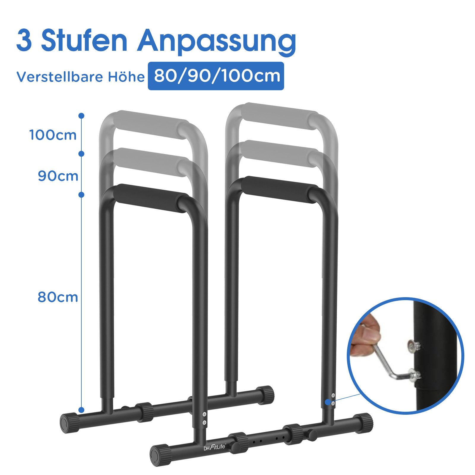 DH FitLife Liegestützgriffe Dip Barren Bars (Dip Station, Max. Belastung 500 KG, Kraftstation Fitnessgerät für Zuhause, Parallettes Calisthenics Training Equipment), Krafttraining 80-100 cm individuell verstellbar