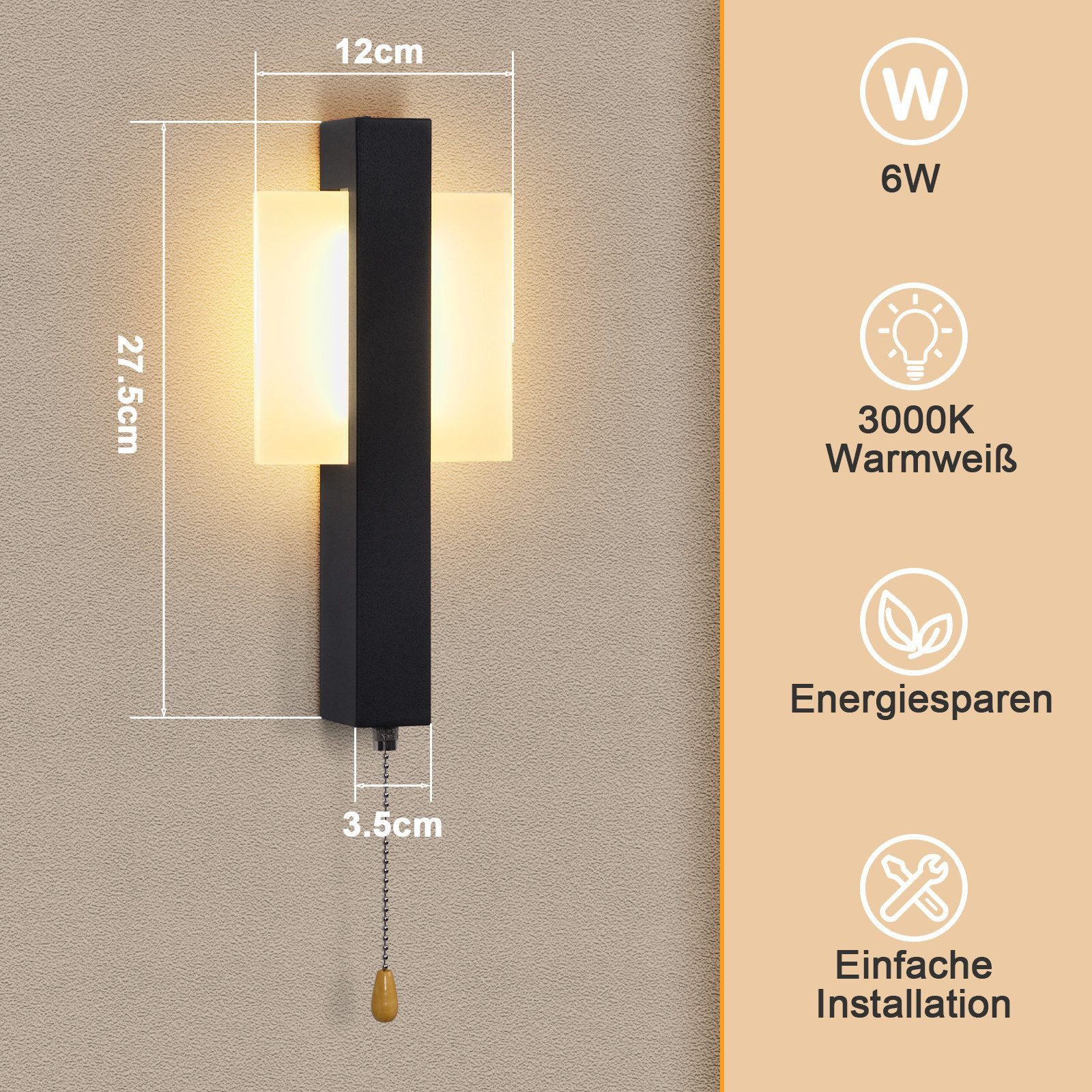 Nettlife LED Wandleuchte Innen Schnurschalter Flurlampe Schwarz Modern Wandleuchte Warmweiß, LED fest integriert, Warmweiß, Wandlampe für Schlafzimmer, Wohnzimmer, Flur