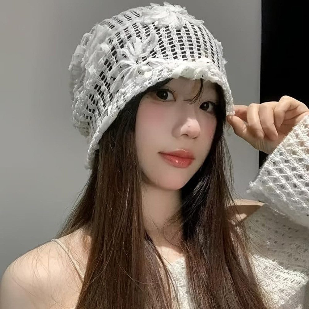 nsihing Beanie Damen Sommer-Strickmützen,Locker sitzende Strickmütze Spitzenblumen Leichte Jacquard-Strickmütze, geeignet für den urbanen Alltag.