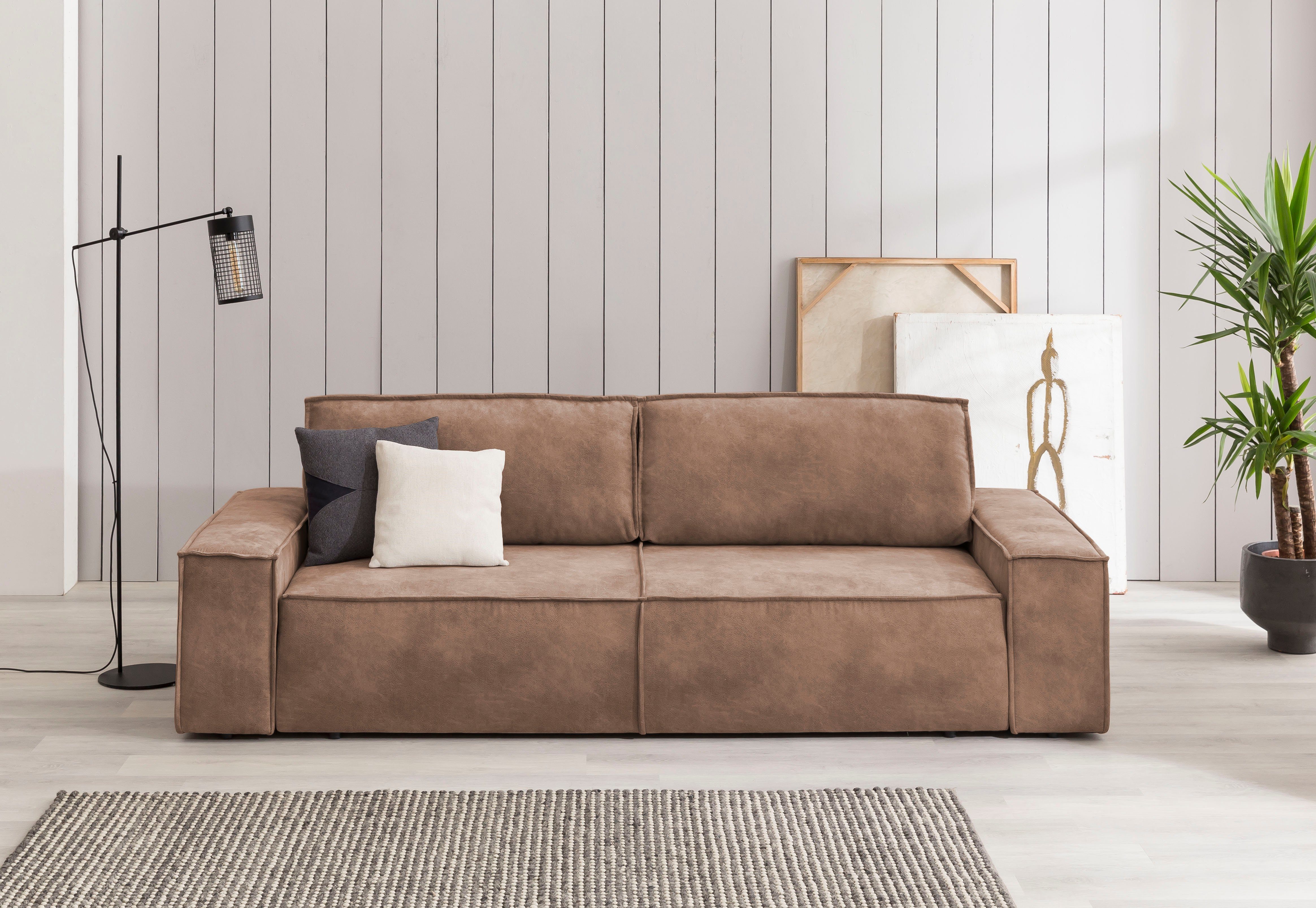 Home affaire 3-Sitzer SHERWOOD Schlafsofa (257cm) Cord, Samtvelours, Vintage-Lederoptik, Schlaffunktion mit Bettkasten (ca. 136/200cm)