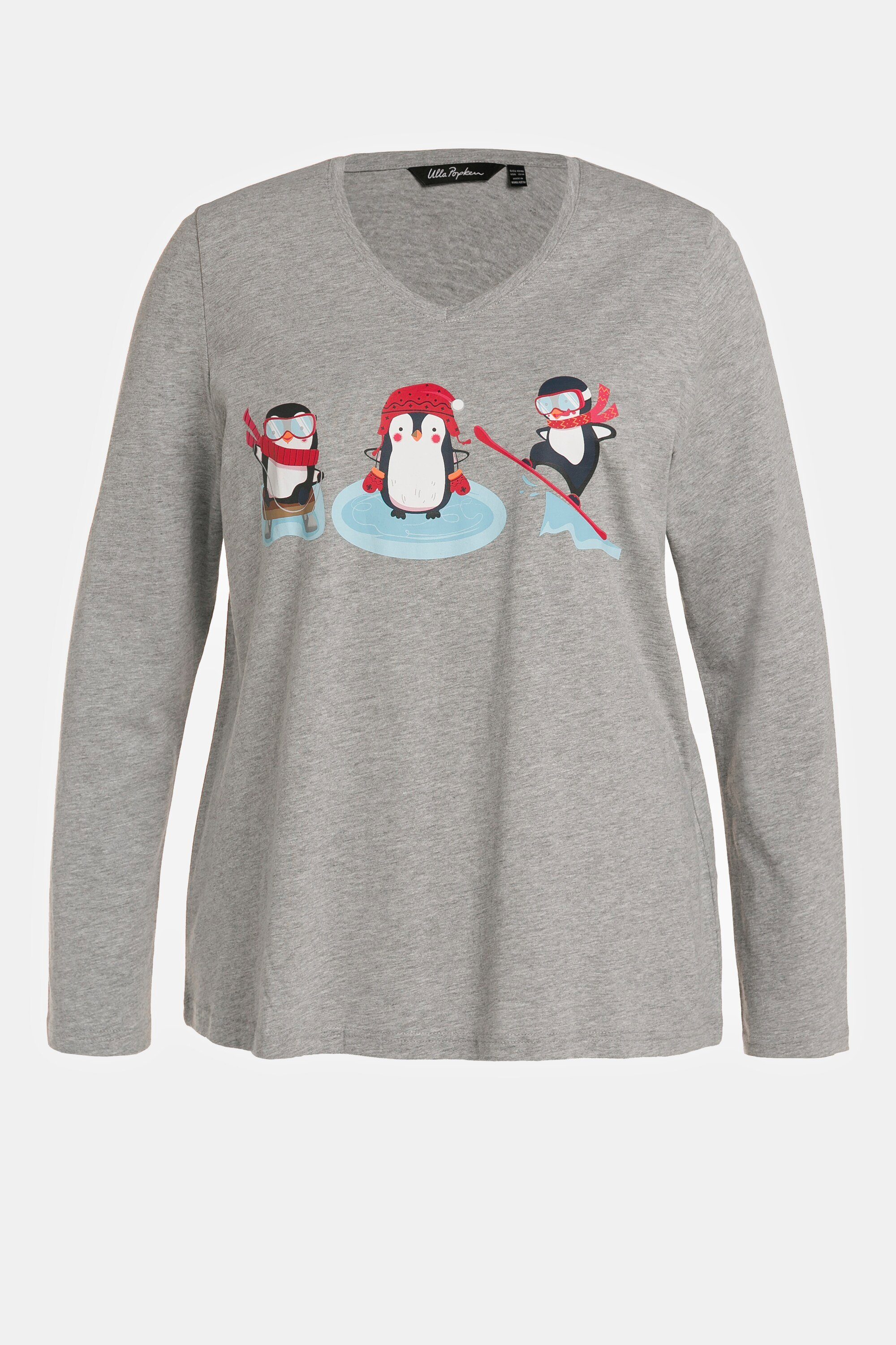 Shirt Pinguine V-Ausschnitt hellgrau Rundhalsshirt Ulla mélange Popken Langarm Classic