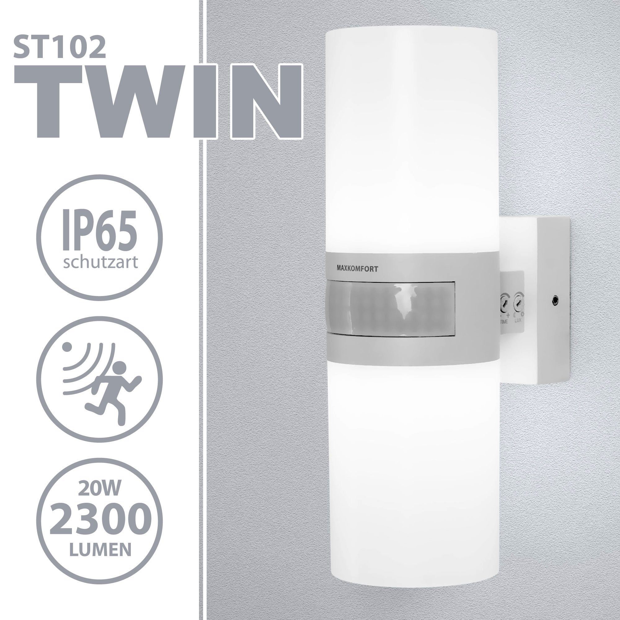 Maxkomfort Wandleuchte TWIN, LED fest 2x10W Wandlampe, Bewegungsmelder, Neutralweiß, Außenwandleuchte, integriert, Tageslichtweiß, IP65, 4000K, Wandleuchte, neutralweiß, LED, Sensor, Flurleuchte, 4000K, Modern