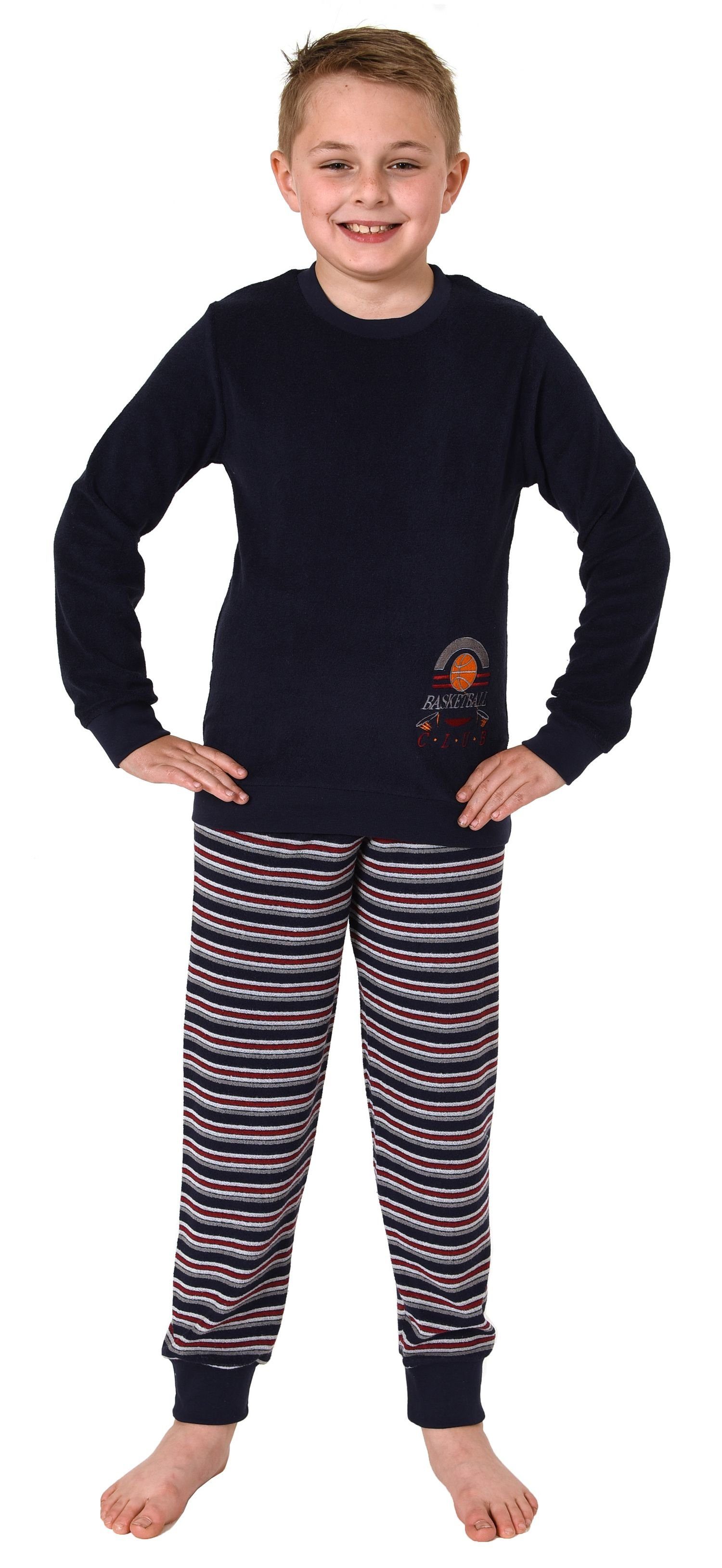 Bündchen mit Basketball-Motiv Pyjama langarm marine und Normann Jungen Frottee Schlafanzug