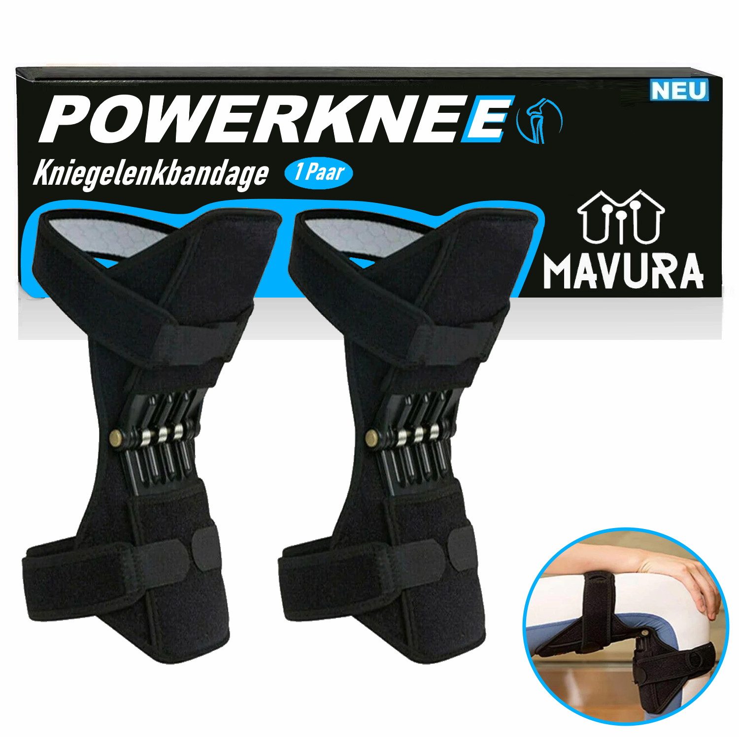 Kniebandage POWER Knie-Booster Kniegelenkbandage mit Feder in schwarz(1 Paar)