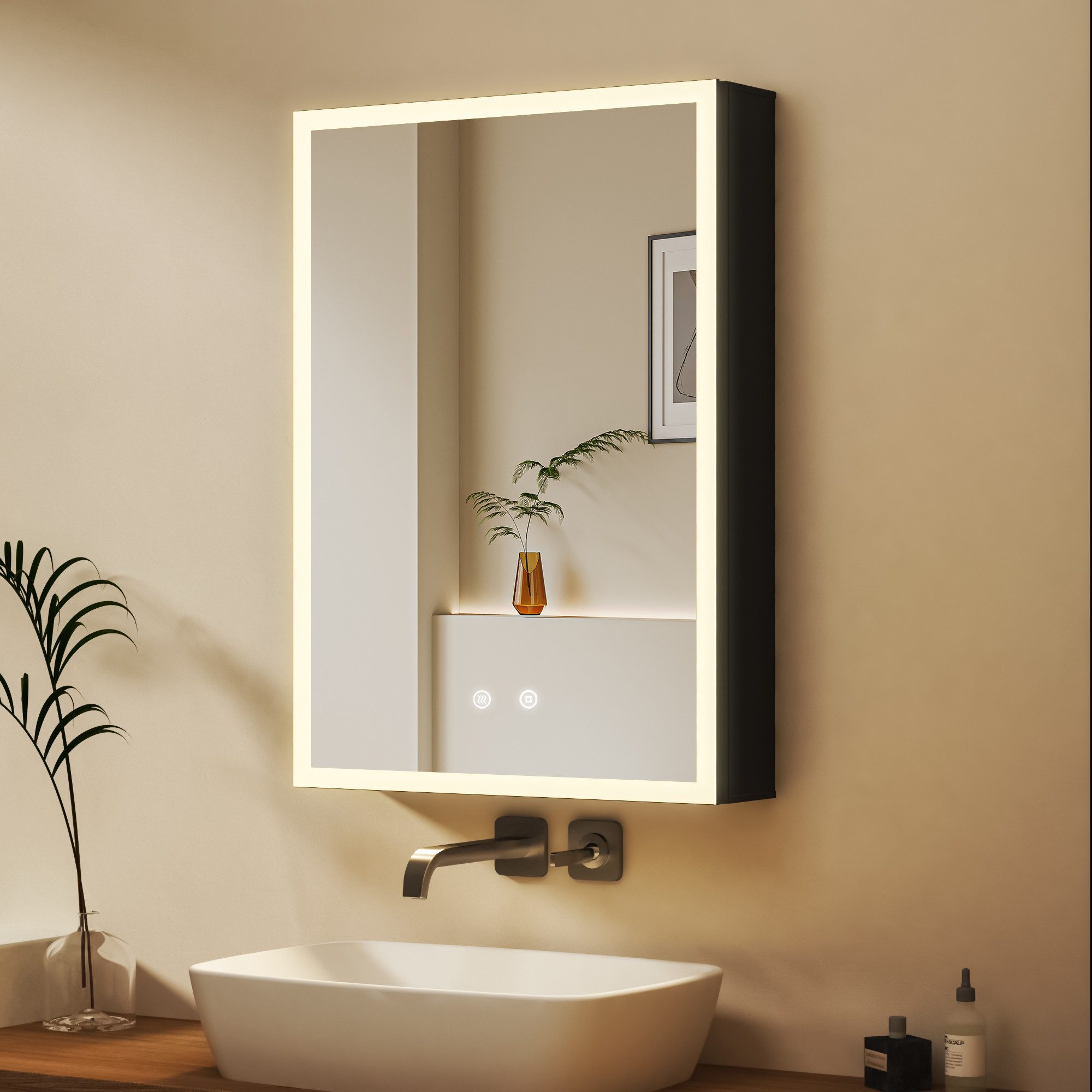 WDWRITTI Wandhängeschrank Alu Spiegelschrank Bad mit Beleuchtung 70cm breit 50x70cm, Badezimmerspiegelschrank Hängeschrank 3Lichtmodi Dimmbar Anti-fog Memory, mit Netzadapter, IP44