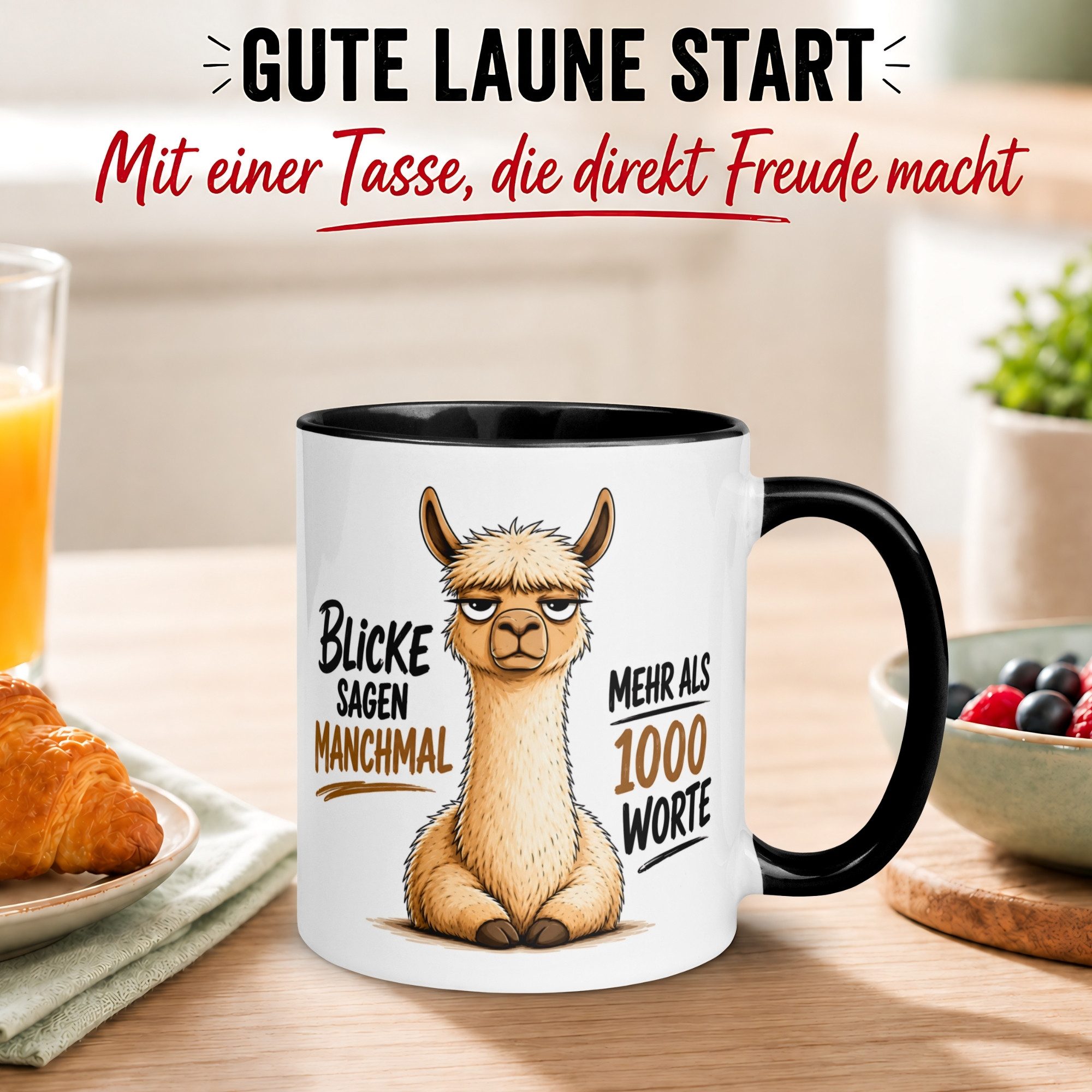 Momentals Tasse Alpaka – „Blicke sagen manchmal mehr als 1000 Worte“ – lustiger Becher, Gratis Versand · Links-&Rechtshänder · Spülmaschinenfest