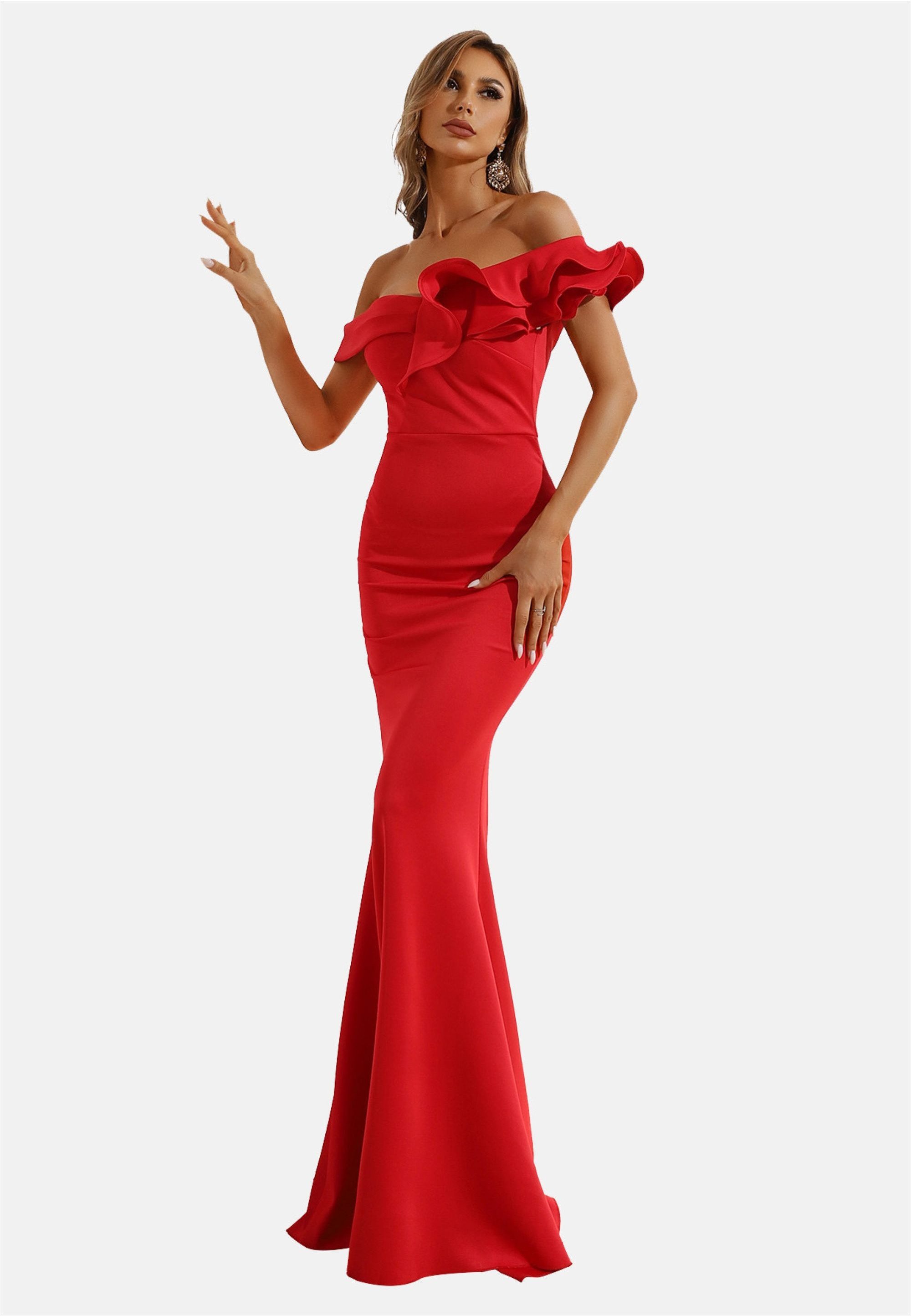Moda Minx Jerseykleid Alaia Off Shoulder Dress mit stilvollem Rüschen-Element