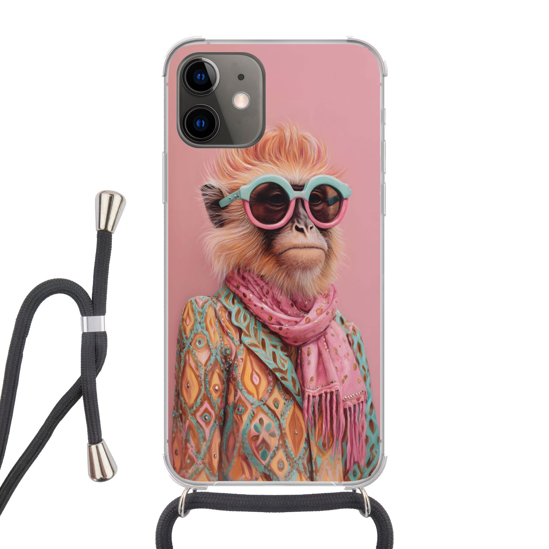 MuchoWow Handyhülle für Apple iPhone 12 Halstuch - Affe - Sonnenbrille - Jacke, Tragbare Handyhüllen mit Kette zum umhängen, Handykette Handyband