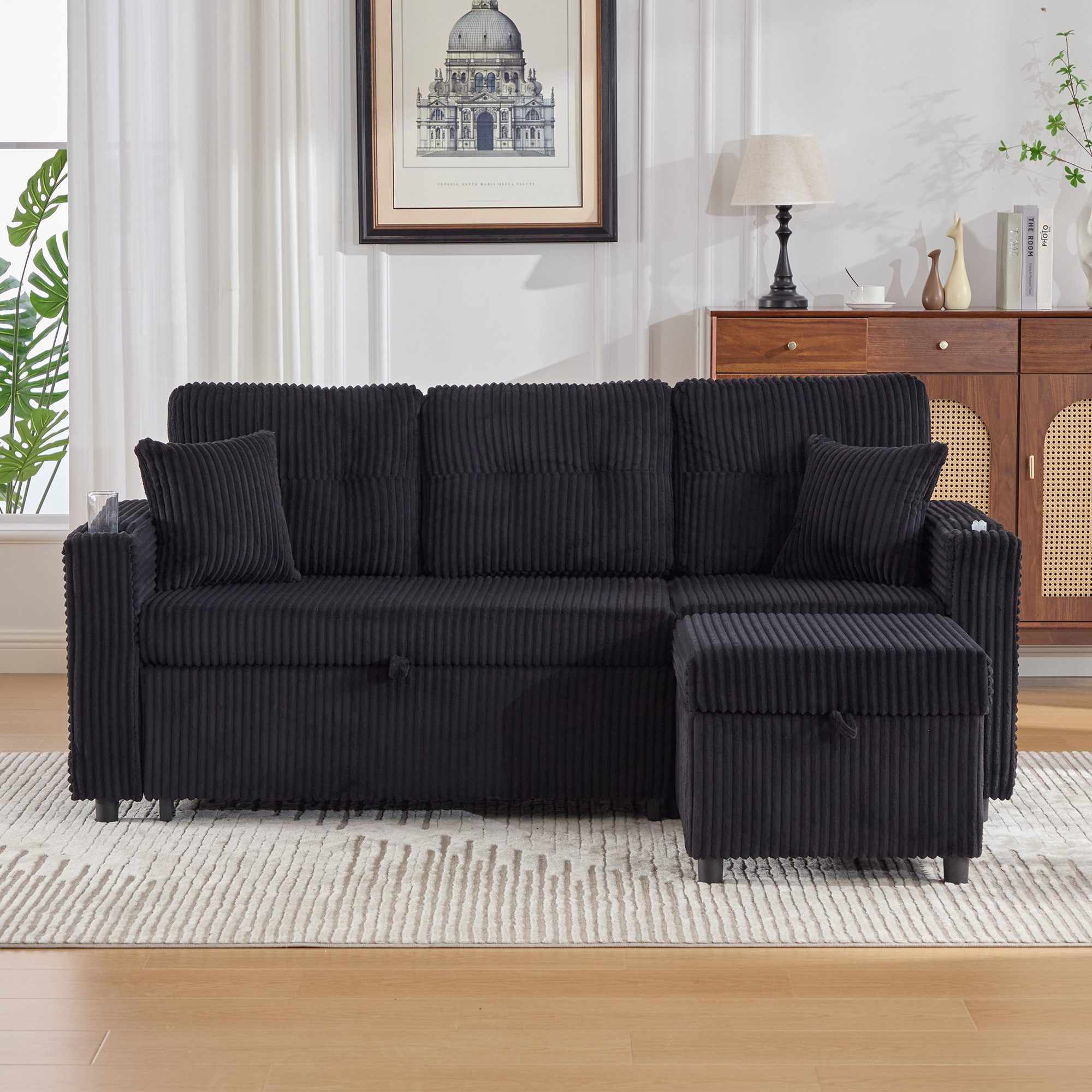 STILVORA Sofa mit Ausziehbett&Hocker,Schlafsofa Polstermöbel mit Schrank&USB-C, mit Ausziehbett, Stauraum, USB-C-Anschluss und Ambientebeleuchtung – inkl. Getränkehalter & breiten Armlehnen, 196x82-144x85 cm